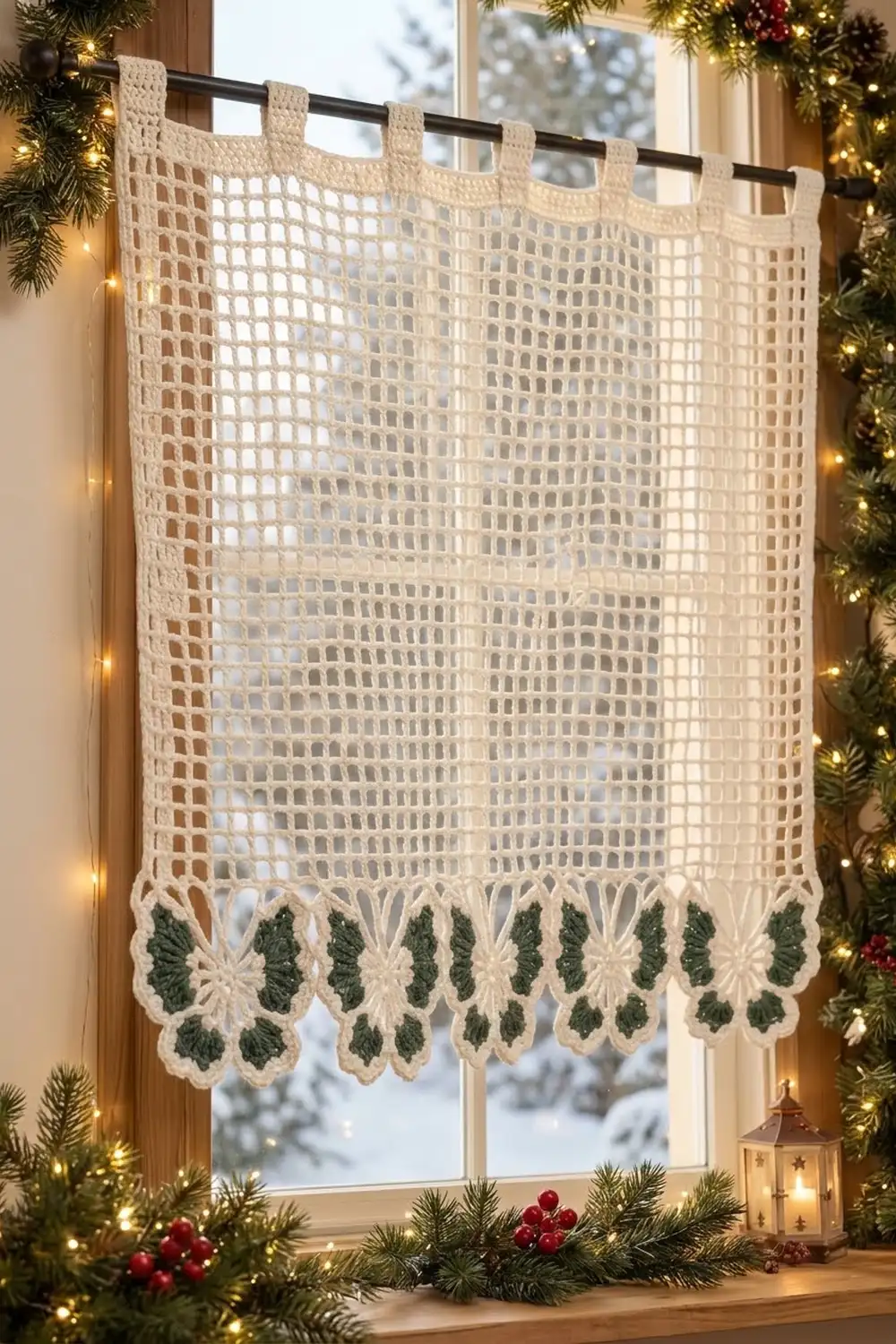 Cream crochet curtain with green leaf details hanging on window surrounded by holiday garland and lights.