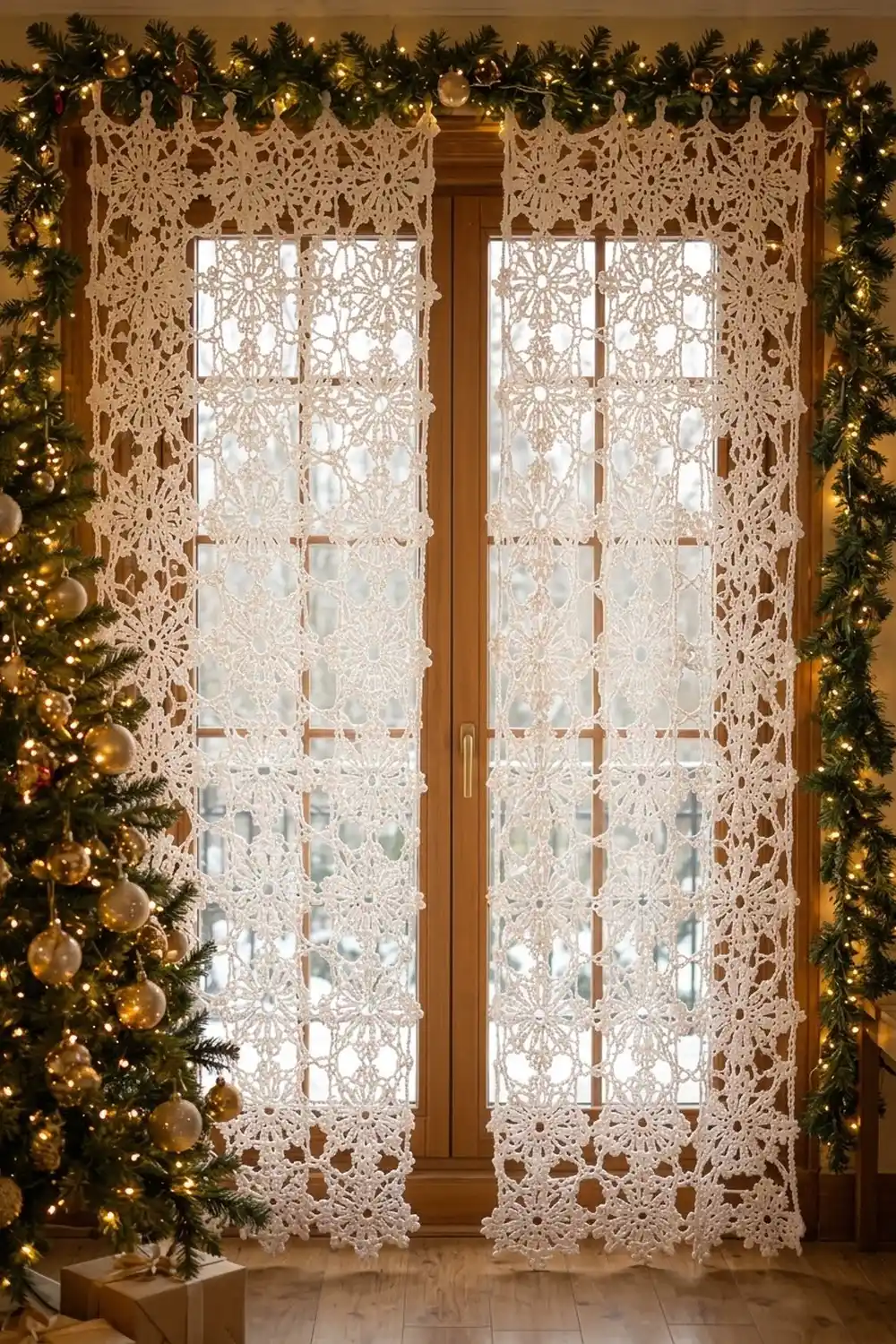 Cream crocheted lace curtains frame tall windows, decorated with holiday garland and golden lights.