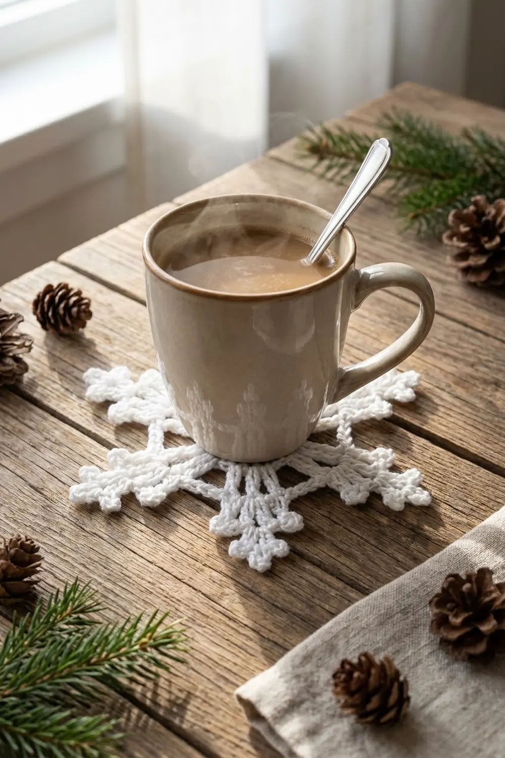 A cream ceramic mug with hot beverage sits on a white snowflake coaster amid pinecones and evergreen branches.