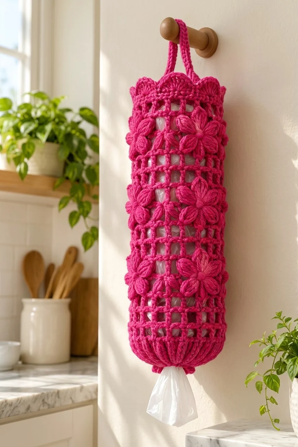 A bright pink crocheted bag holder hanging from wooden pegs above a kitchen windowsill with plants and utensils.