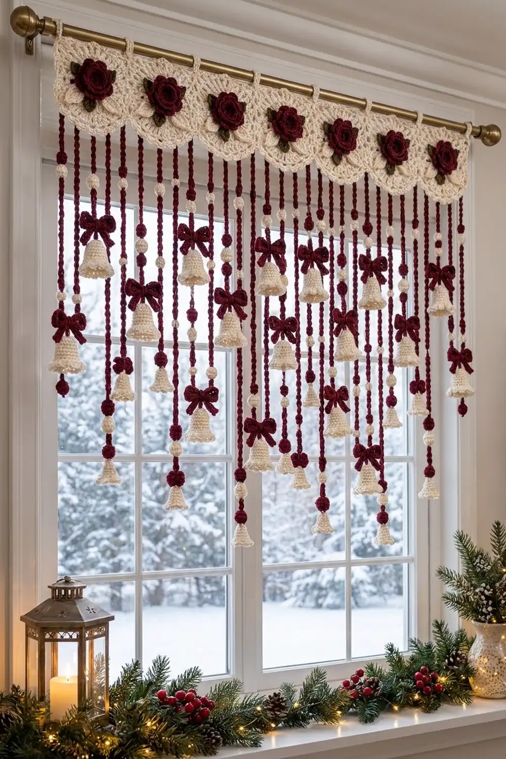 A crocheted window valance with burgundy flowers and hanging cream bells and bows decorates a snowy winter window.