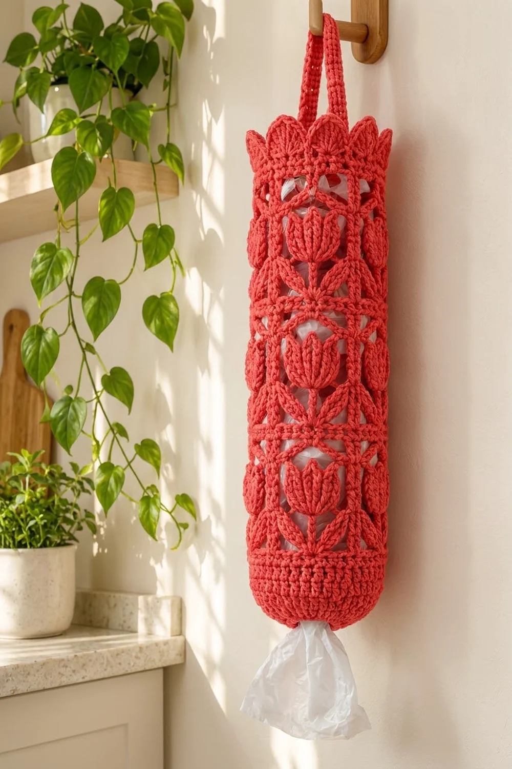 A coral crochet plastic bag holder with openwork pattern hangs on a wooden hook beside a potted green plant.