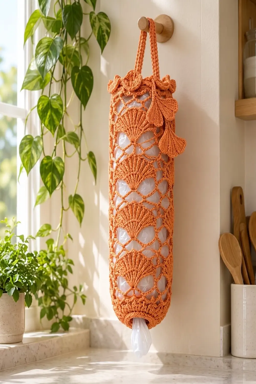 An orange crocheted bag holding plastic wrap hangs from a wooden hook on a kitchen wall near plants.