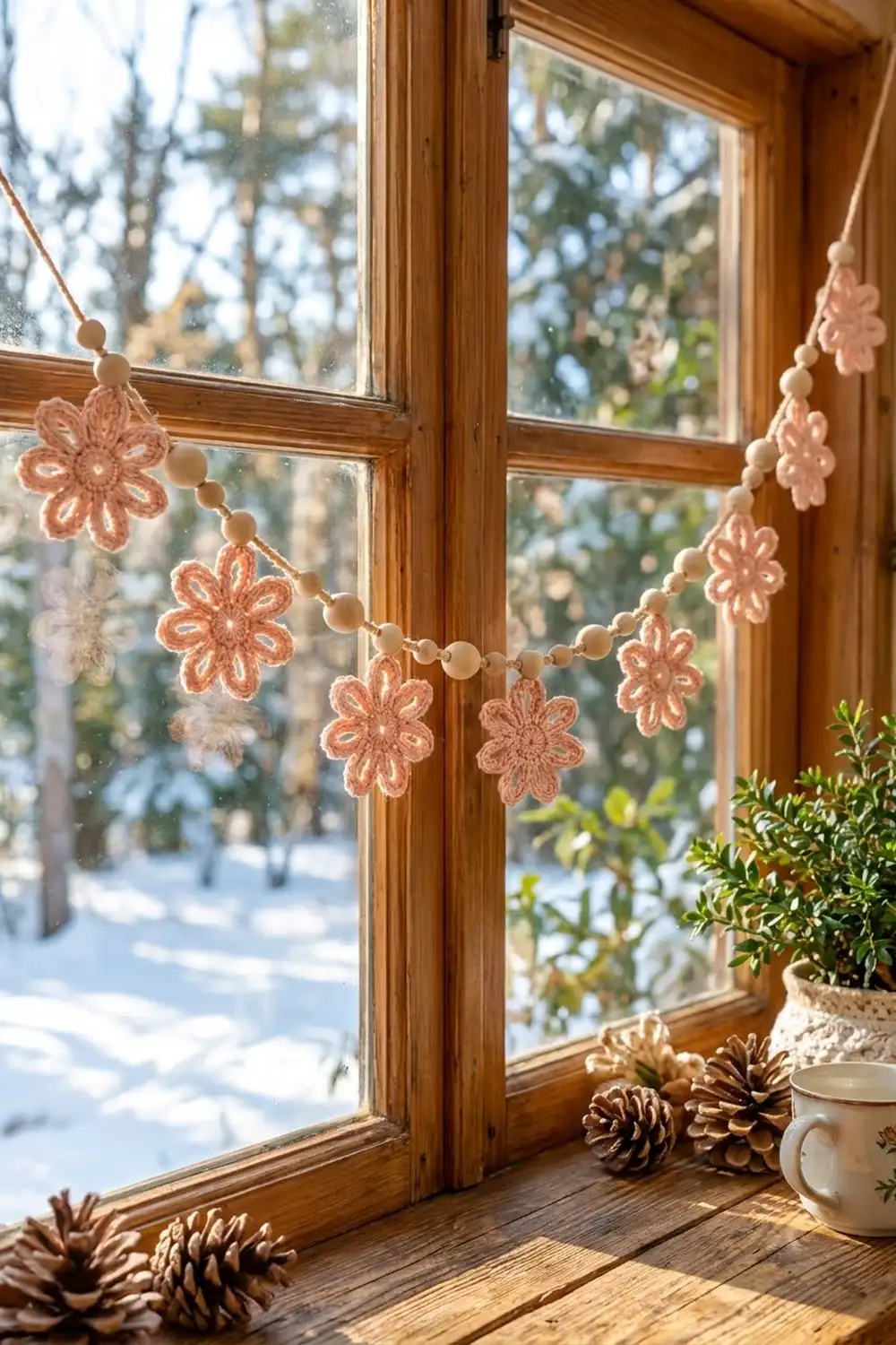 Crocheted peach flower garland with beads draped across wooden window frames with winter scenery outside.