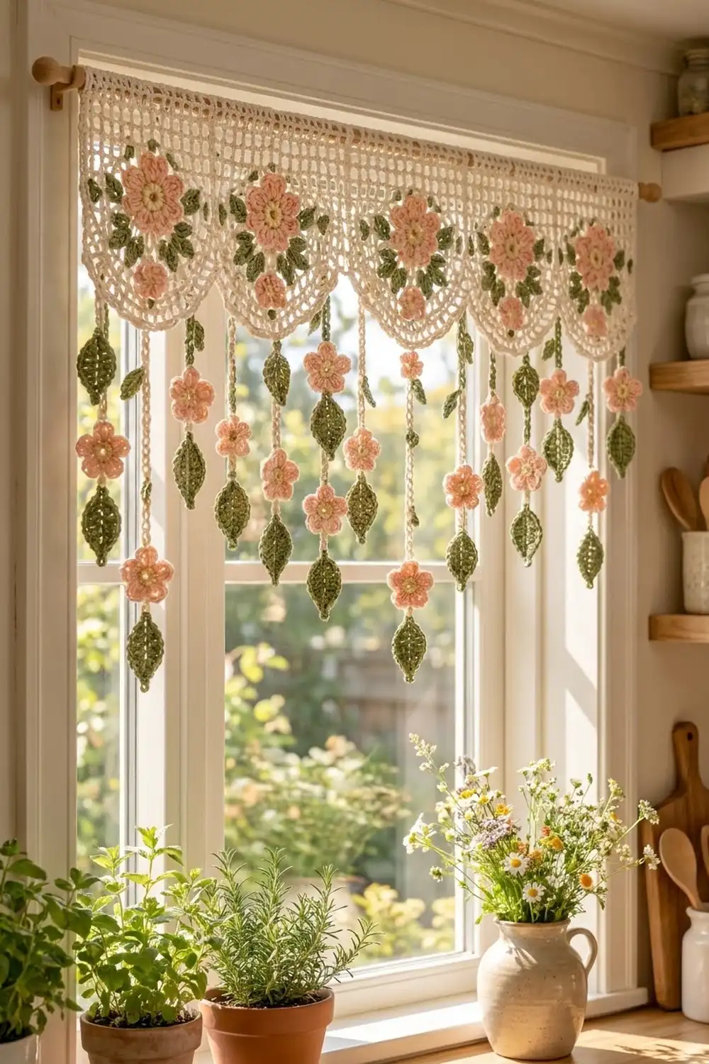 A crocheted window valance with peach flowers and green leaves hanging above a sunny kitchen window with potted herbs.