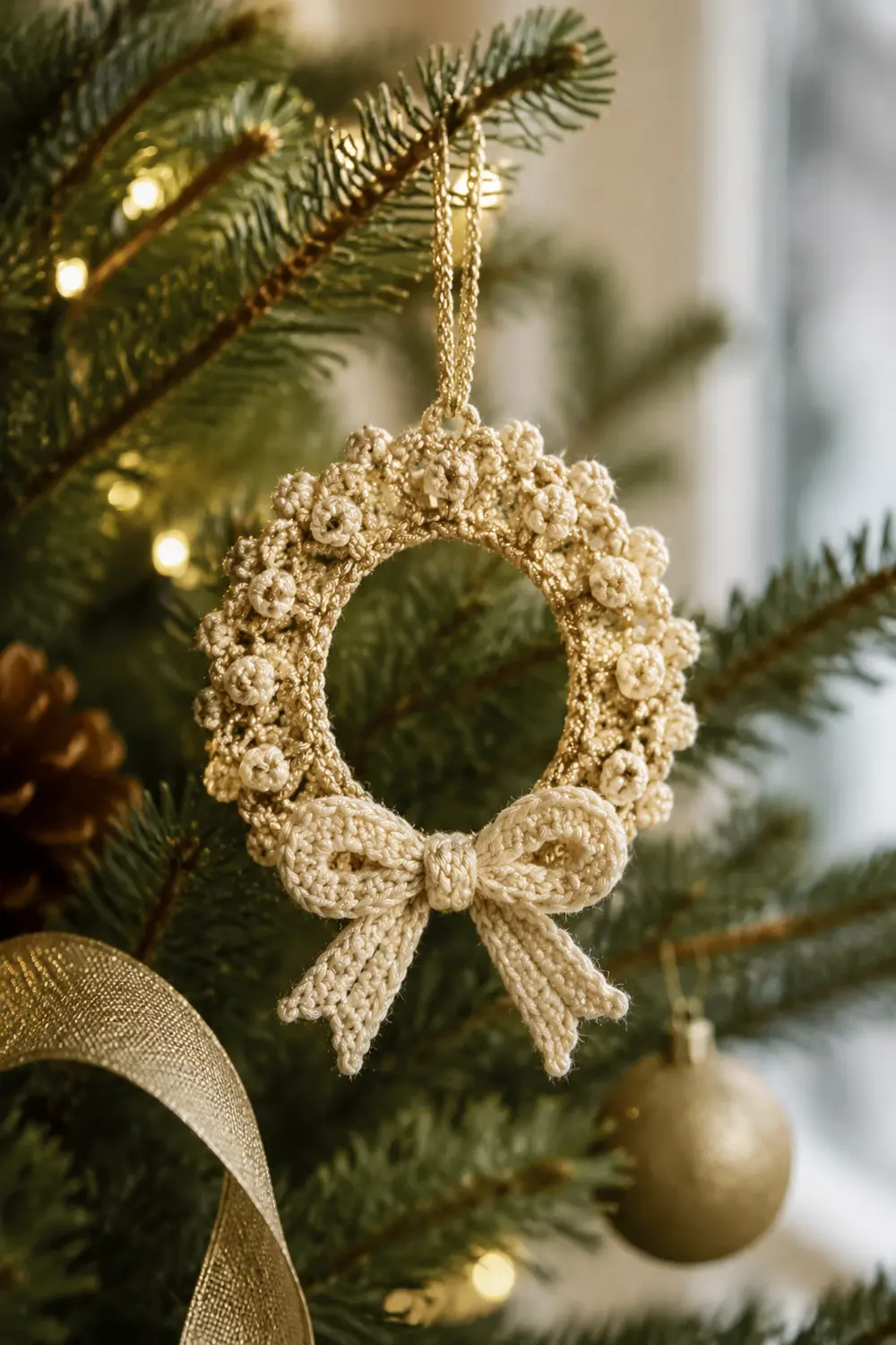 Cream crochet wreath ornament with bow hanging from evergreen branch among gold decorations.
