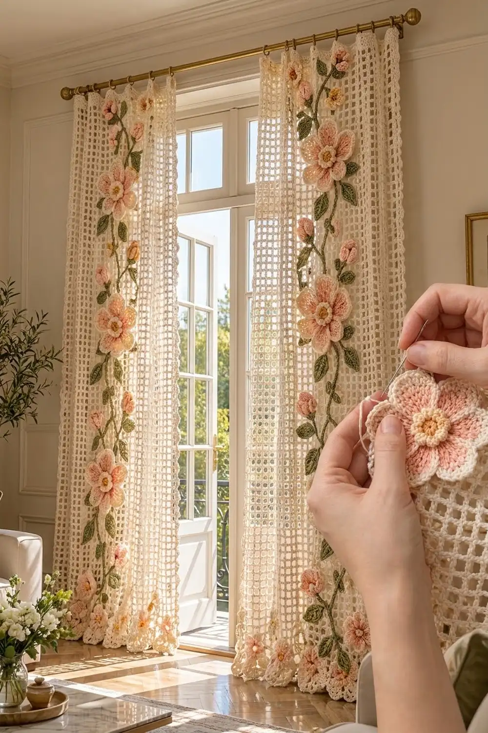 Hand holding a crocheted pink flower appliqué against cream lattice curtains with embroidered floral details.