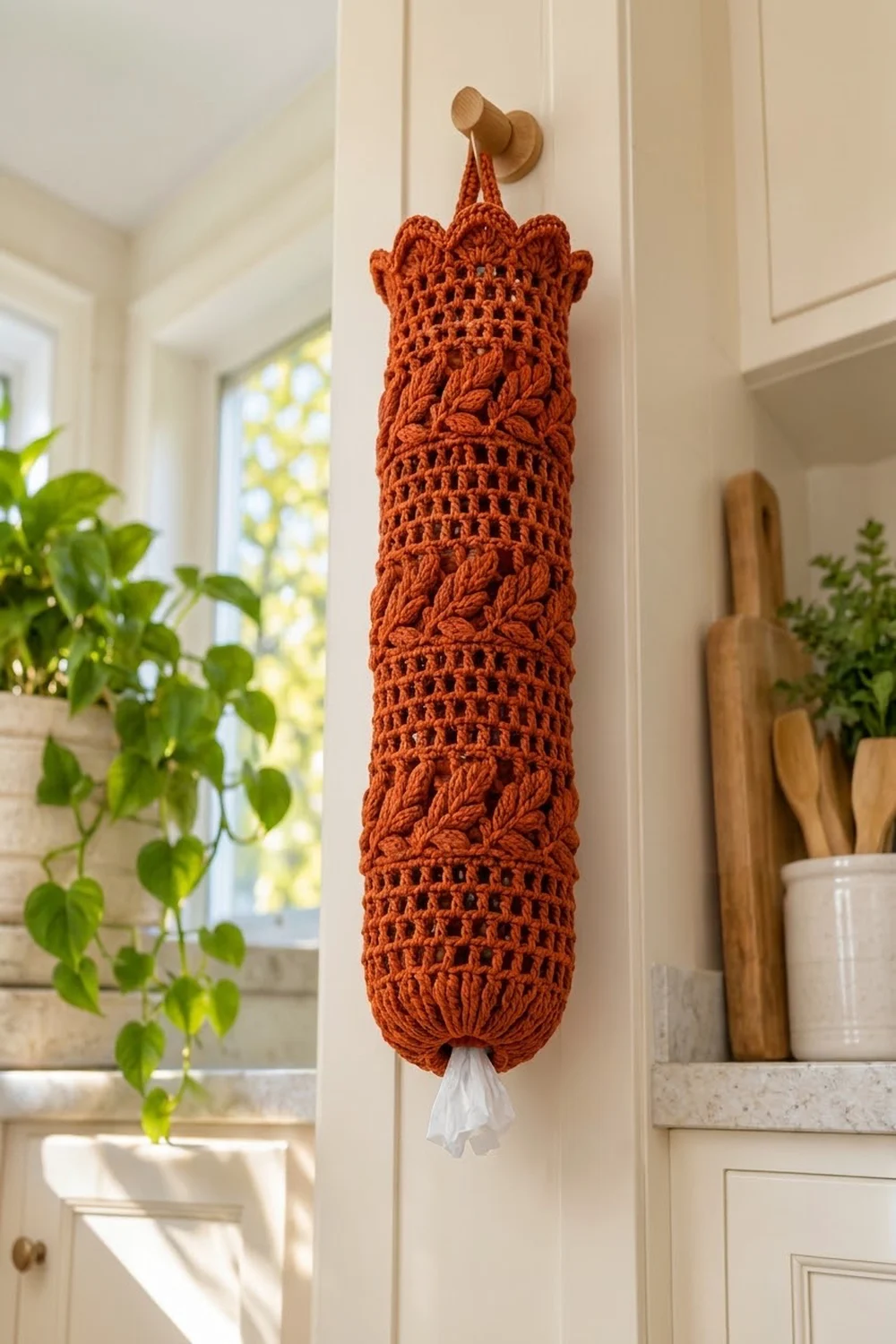 A rust-orange crocheted owl wall hanging with leaf details suspended from a wooden peg in a bright kitchen.