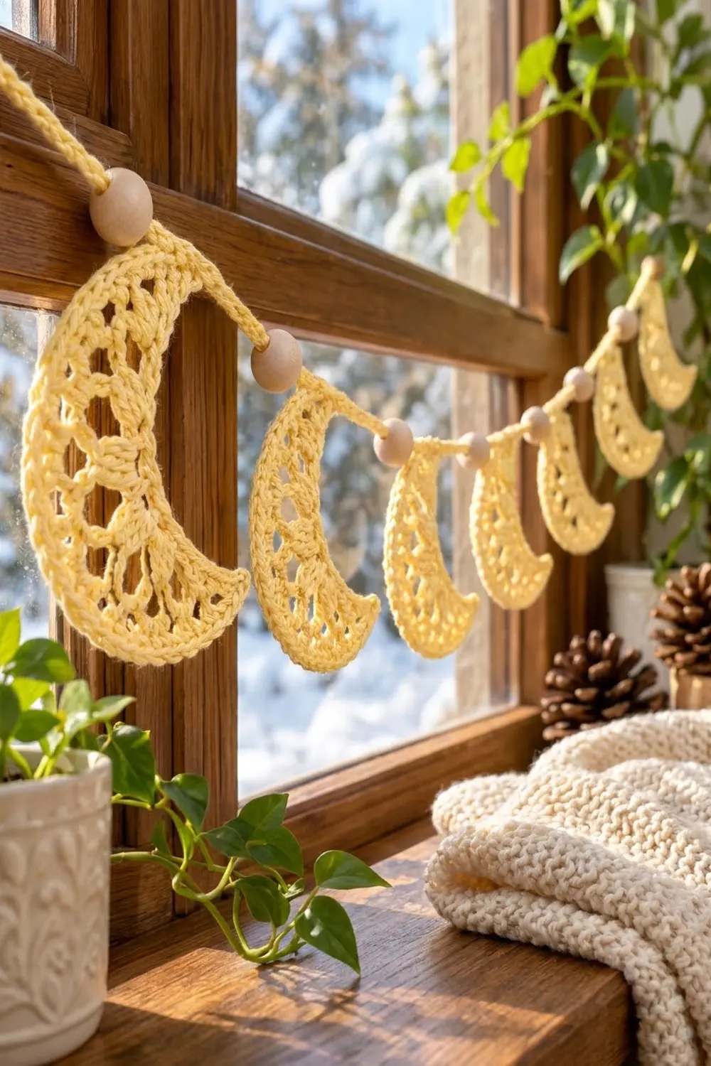 A yellow crocheted moon garland with wooden beads hangs across a wooden window frame in a cozy winter setting.