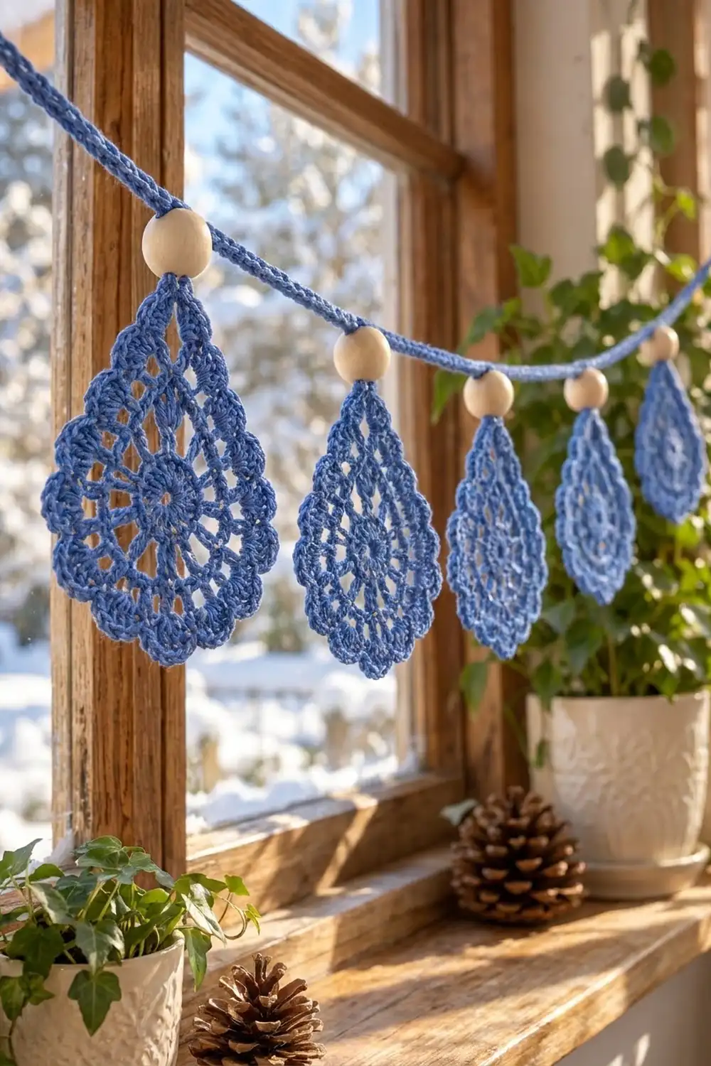Blue crocheted teardrop garland with beads strung across a snowy windowsill beside potted plants and pinecones.