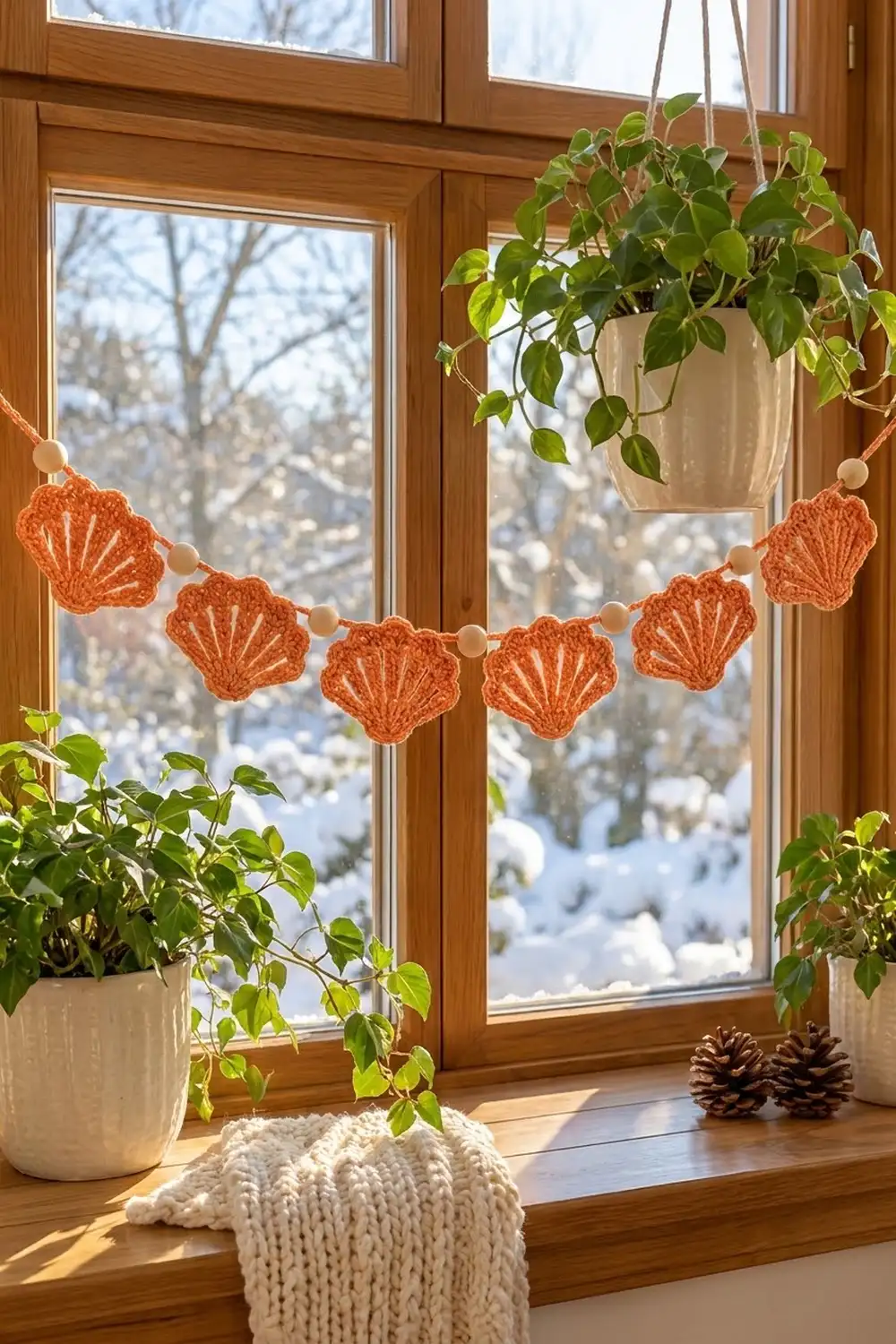 A crocheted orange shell garland with beads hangs in a snowy window beside potted plants.