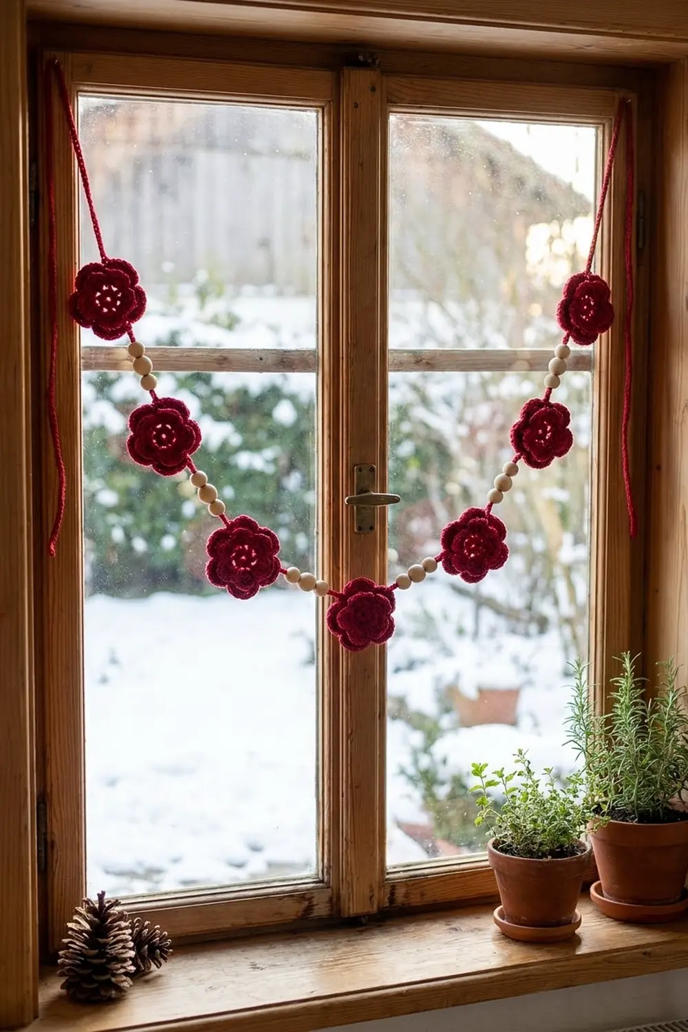A burgundy crocheted flower garland with beads draped across wooden-framed windows overlooking snowy landscape.