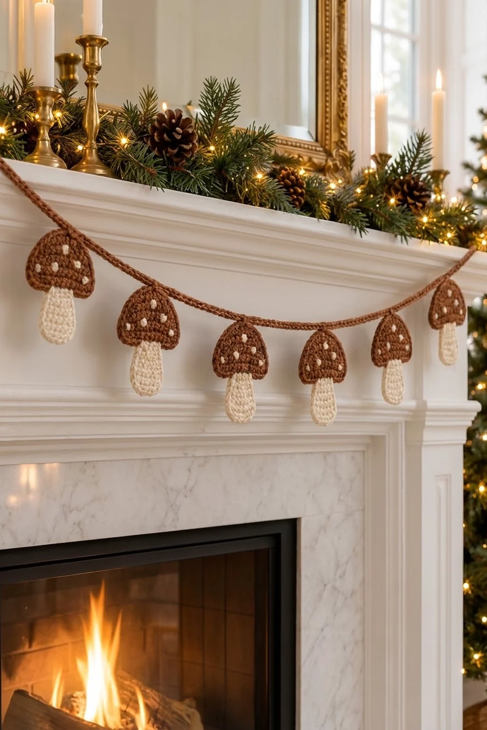 A crocheted mushroom garland in brown and cream hangs above a fireplace mantel decorated with greenery and candles.