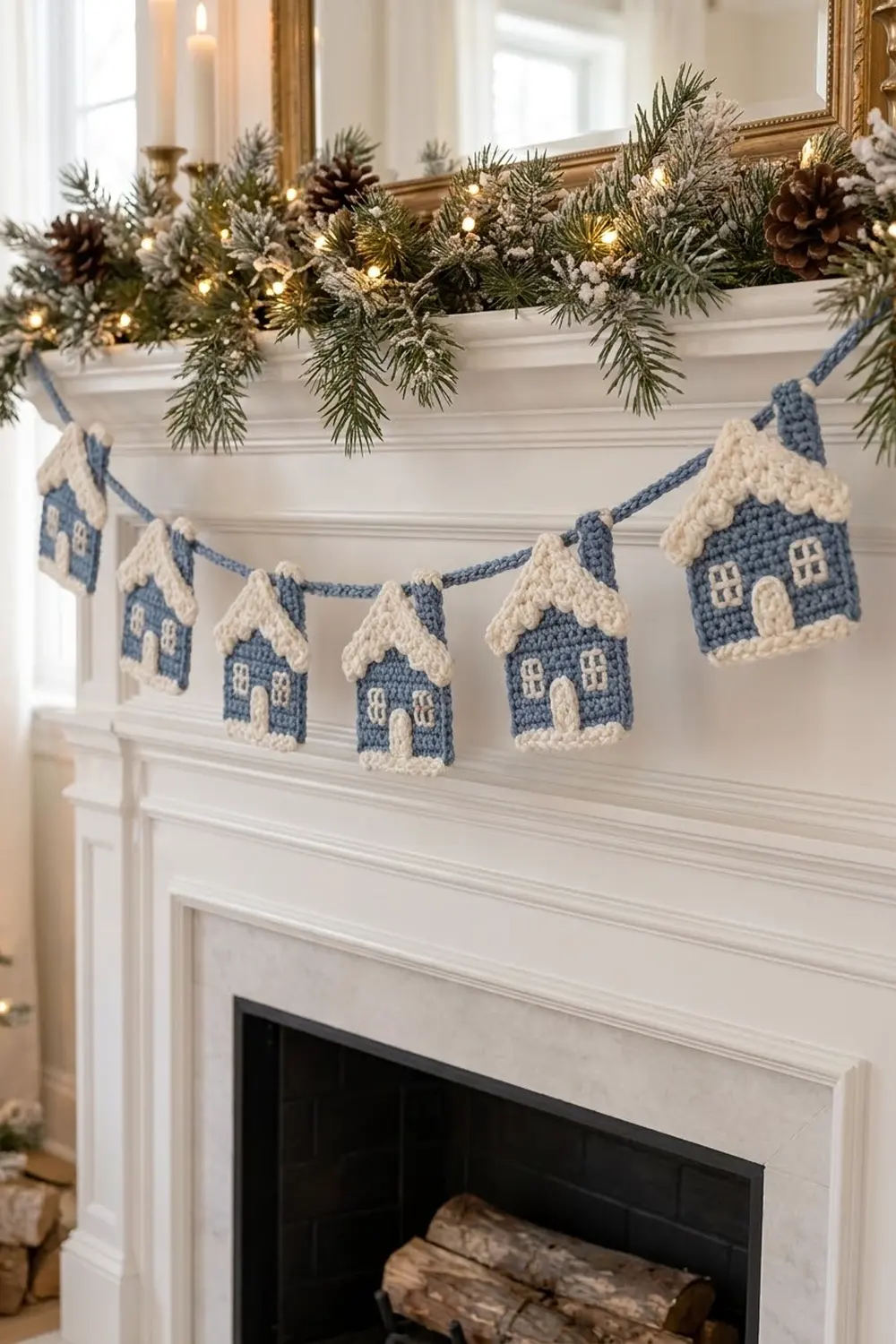 A crocheted gingerbread house garland in blue and cream hangs above a white fireplace mantel decorated with evergreen garland.