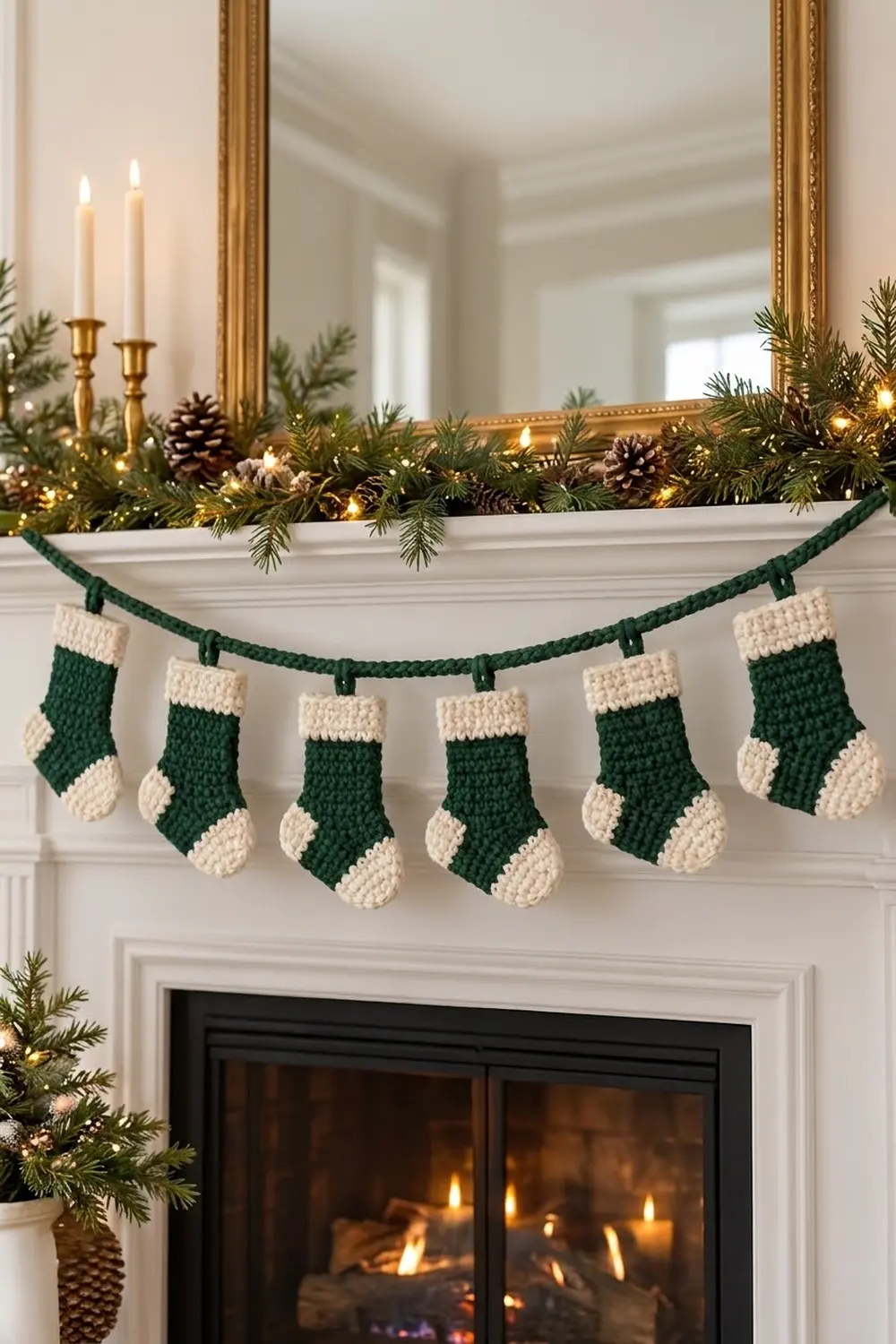A garland of crocheted green and cream stockings hangs above a fireplace mantel decorated with evergreen garland and candles.