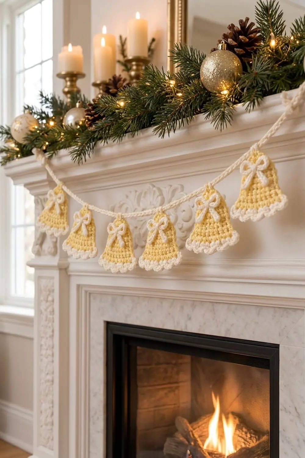 A crocheted yellow and cream garland with tree and bow designs hangs on a marble fireplace mantel decorated with evergreen garland and candles.