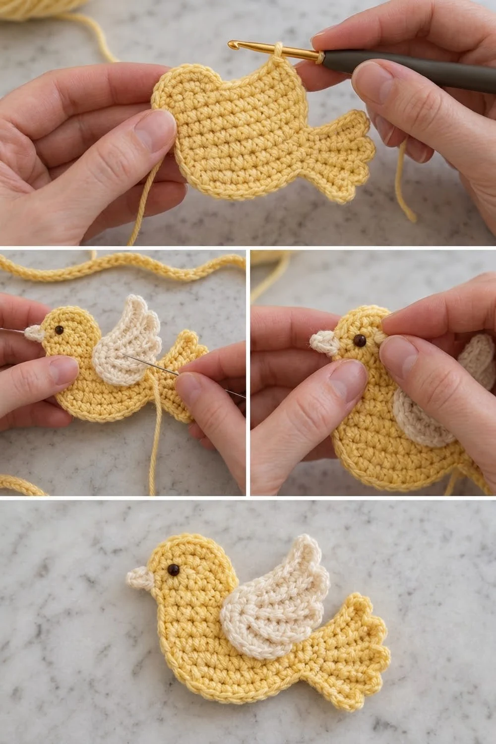 Hands assembling a crocheted yellow duck with cream wings and bead eye on marble surface.