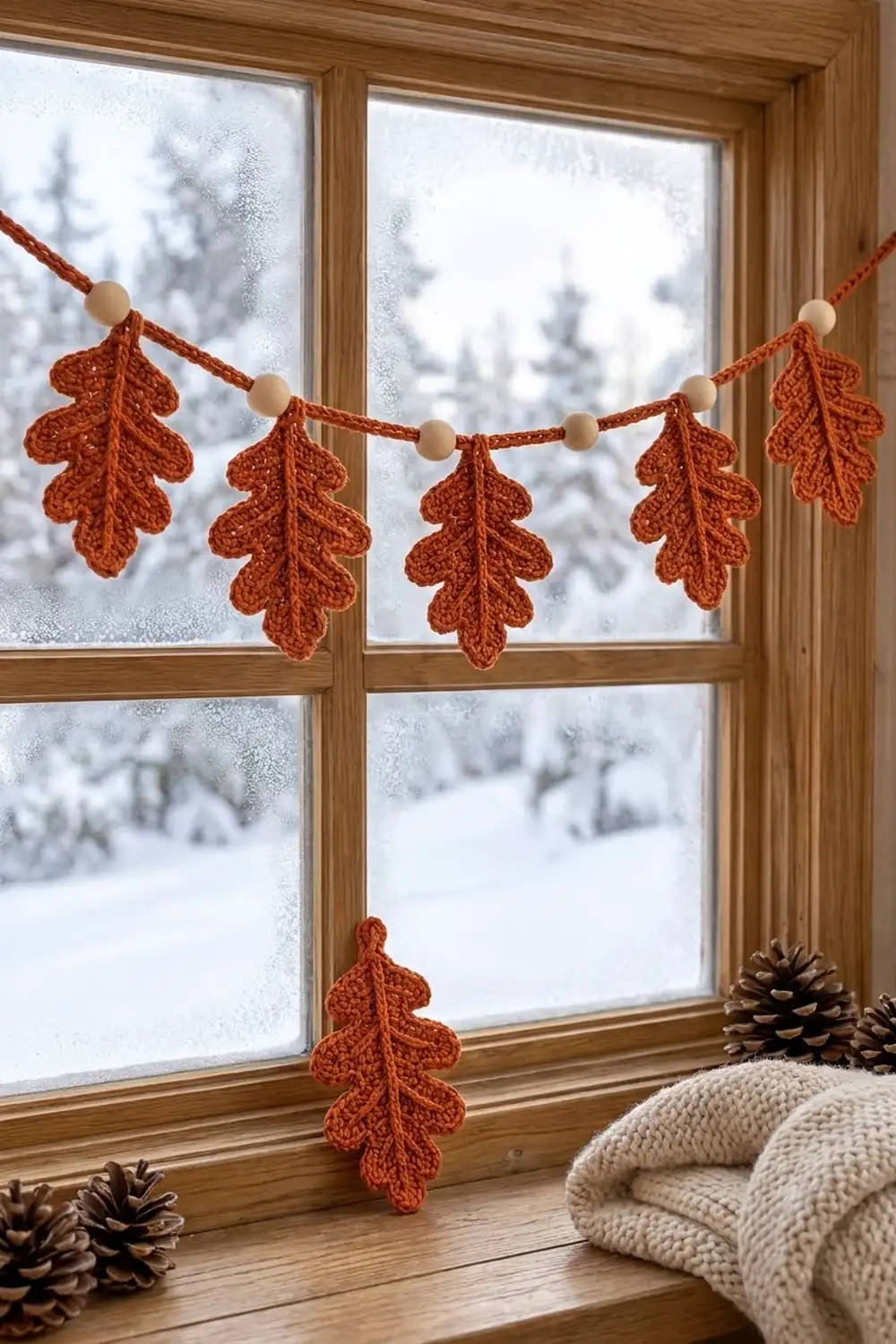 Crocheted rust-colored oak leaves with beads strung across a wooden window frame overlooking snowy landscape.