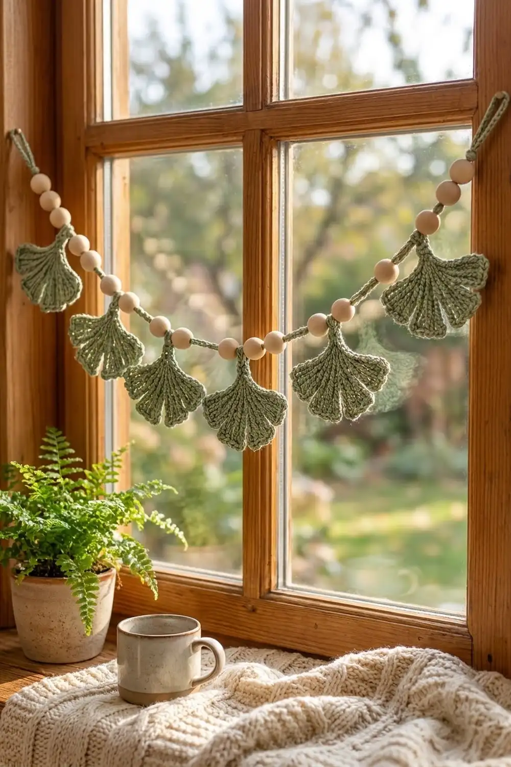 A crocheted ginkgo leaf garland with wooden beads draped across a wooden window frame above a cozy windowsill.