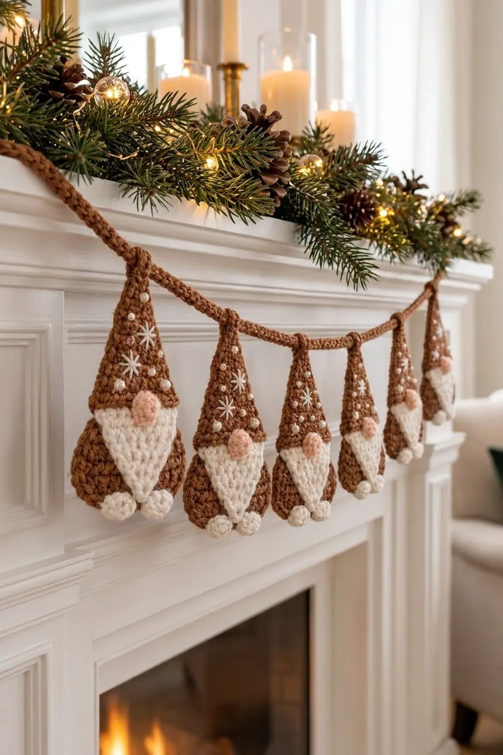 Crocheted gnome garland with brown and cream colors hangs on white fireplace mantel with evergreen swag and candles.