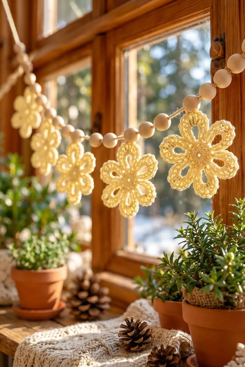 Crocheted yellow flower garland with beads strung across a wooden window frame, decorated with potted plants and pinecones.