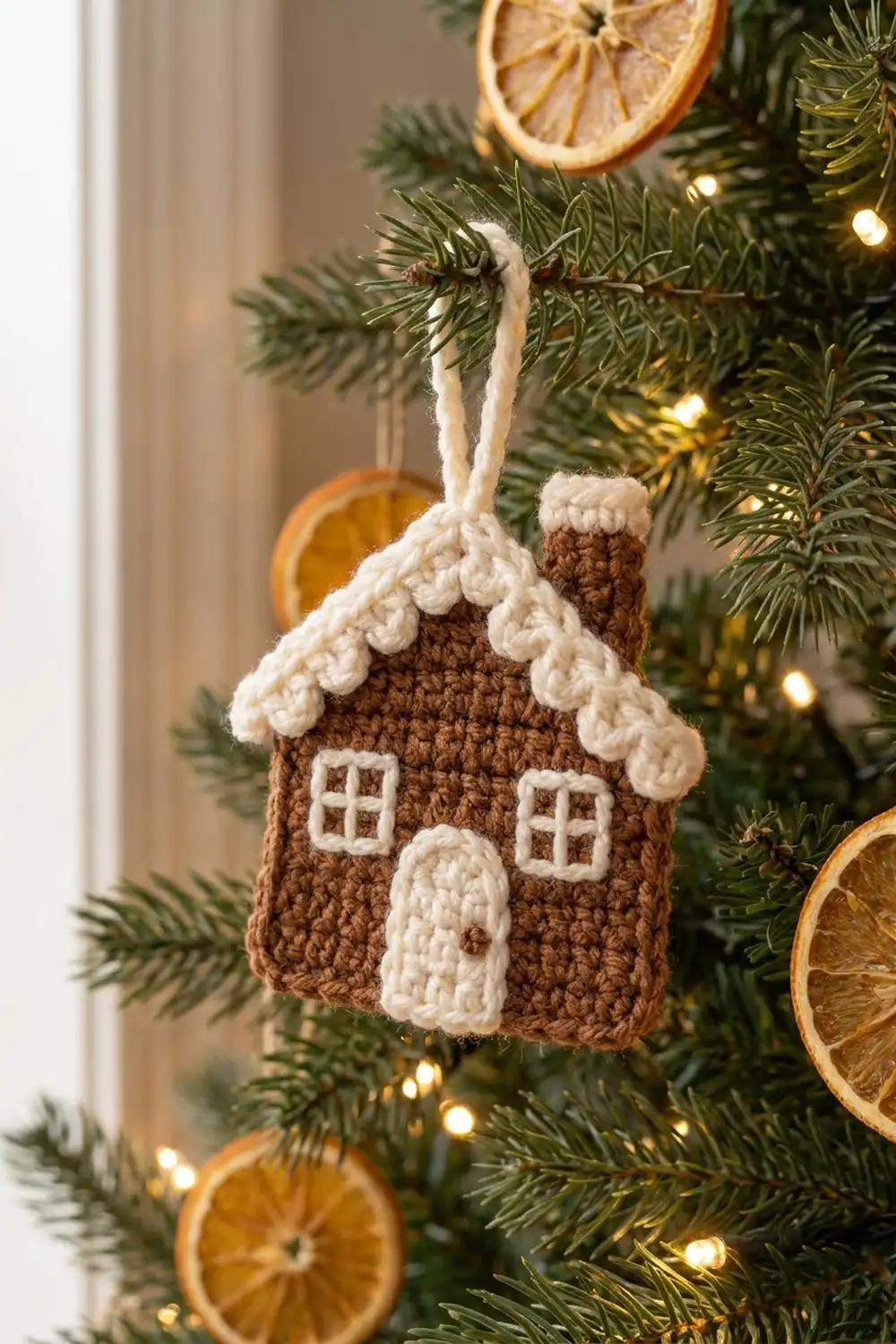 A crocheted gingerbread house ornament with brown walls and cream frosting details hangs among evergreen branches and dried orange slices.