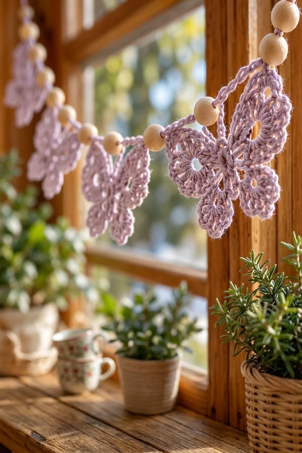 Lavender crocheted butterfly garlands with beads hang in a sunny window beside potted herbs and ceramics.