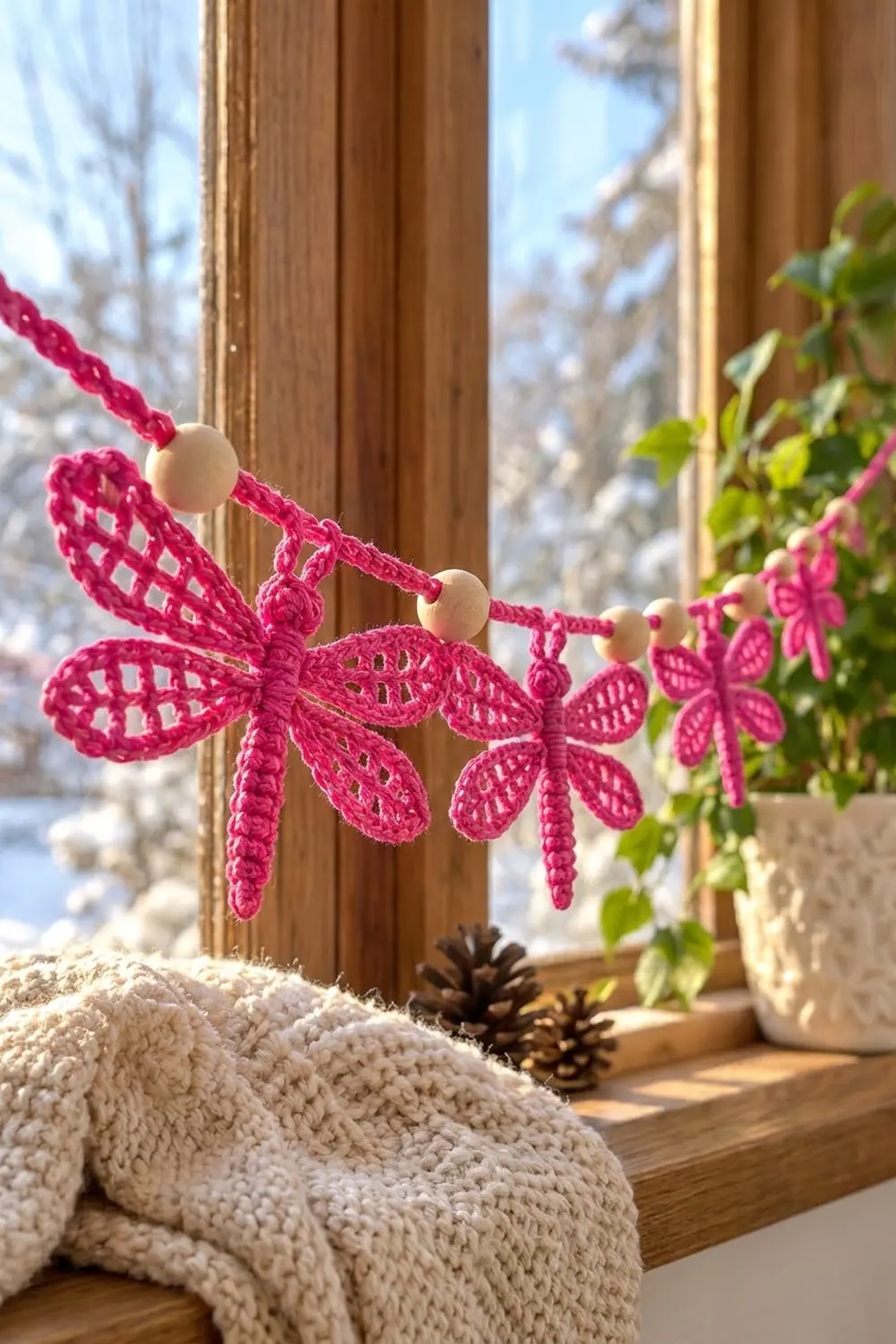 Crocheted pink dragonfly garland with beads displayed on a sunny windowsill with cozy blanket and potted plants.