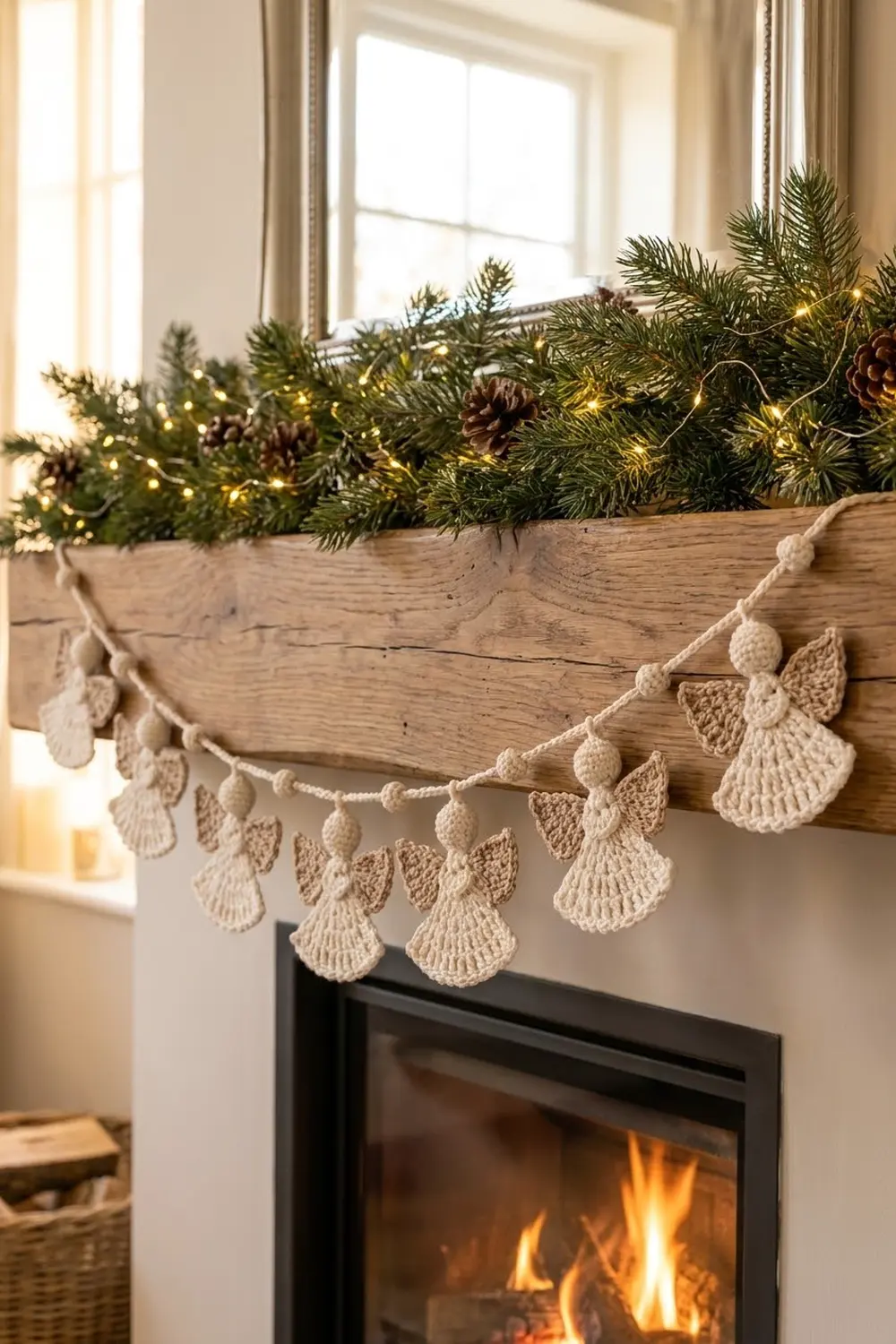 A cream crochet angel garland draped across a wooden mantelpiece decorated with evergreen garland and warm lights above a fireplace.