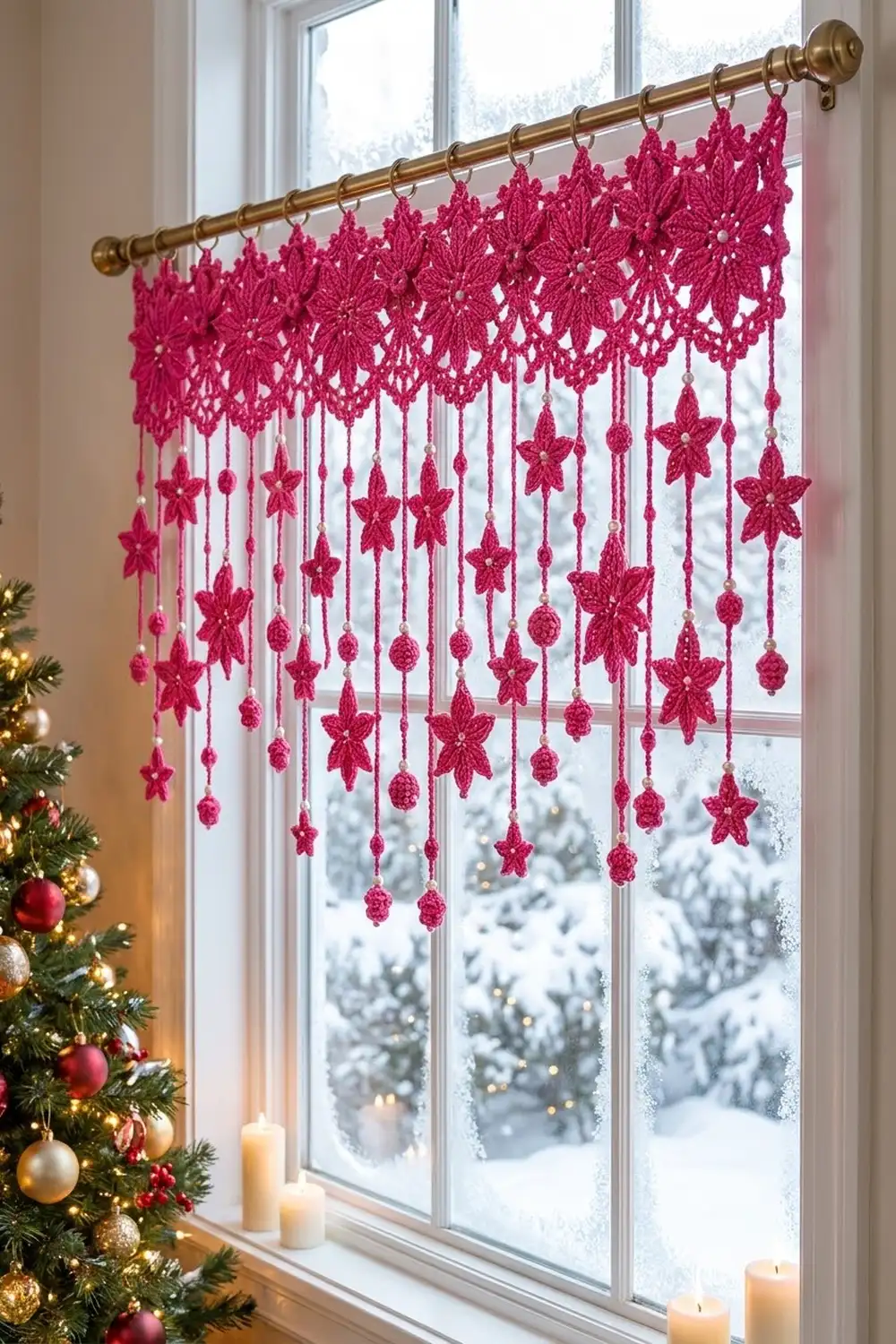 A magenta crocheted star and ball garland hangs from a brass rod on a snowy window beside a decorated Christmas tree.