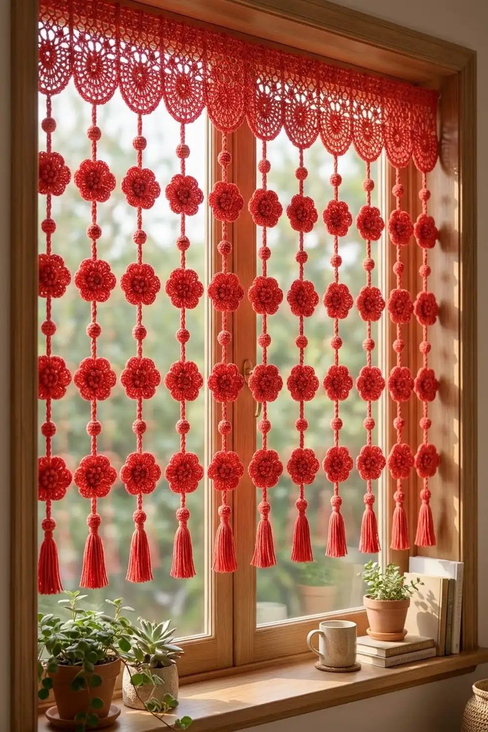 Red crocheted flower curtain with tassels hanging in a wooden-framed window above potted plants.