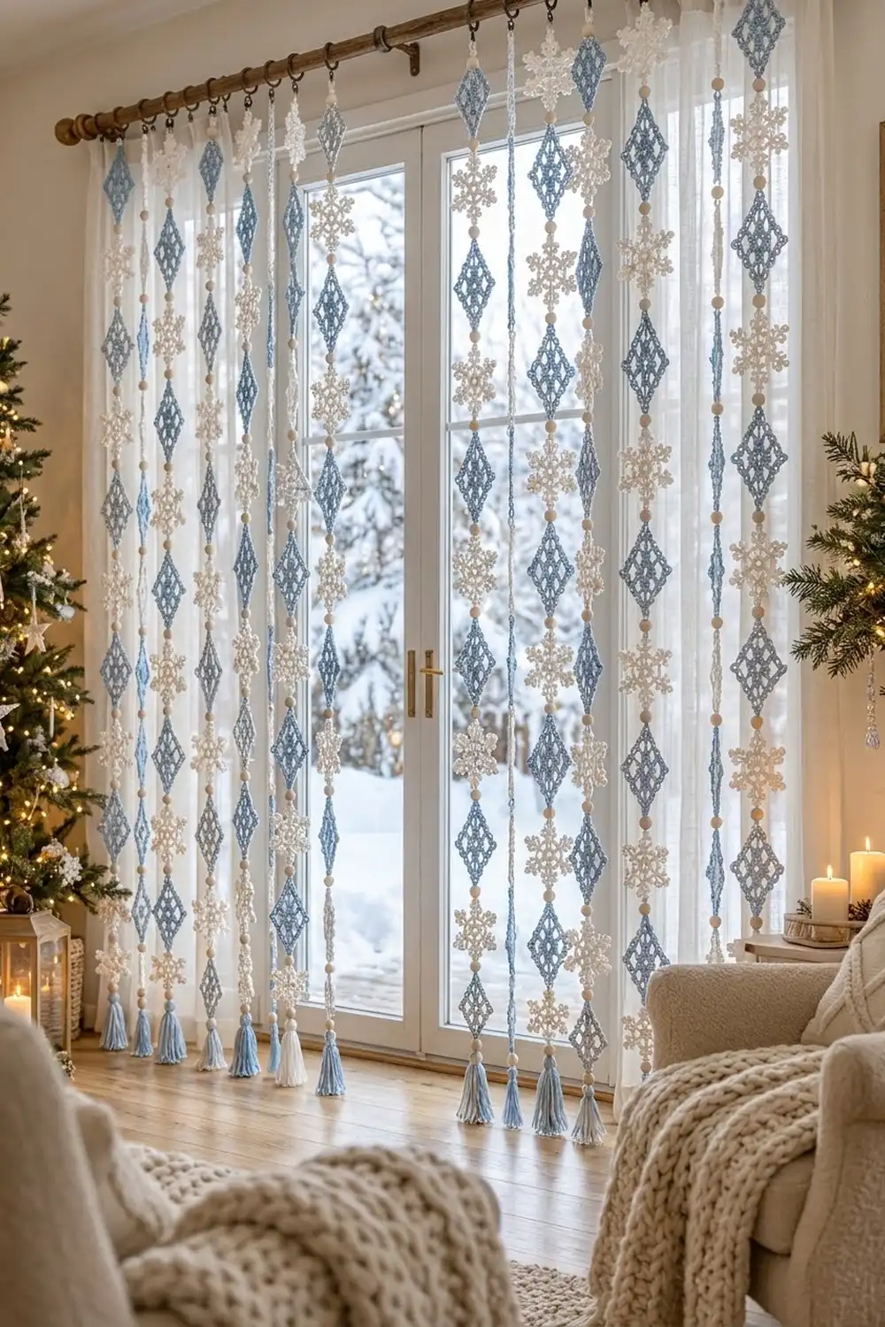 Decorative beaded curtains with blue and cream diamond and snowflake patterns hang from a wooden rod over glass doors.