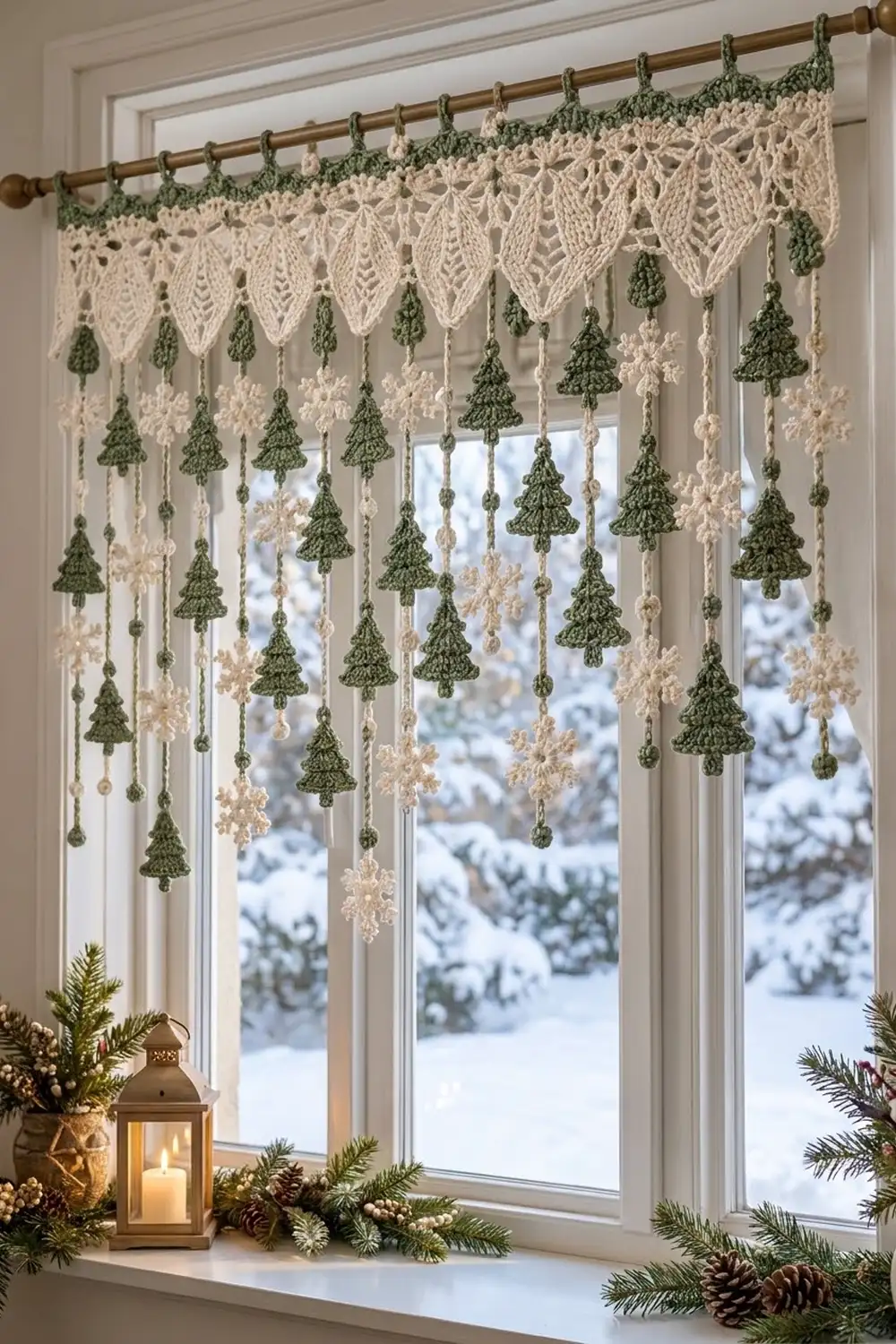 Crocheted Christmas curtain with green trees and cream snowflakes hanging in a snowy window with holiday decor.