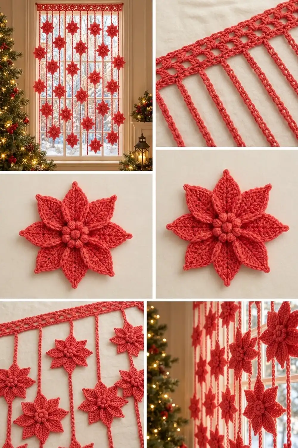 Red crocheted poinsettia flowers hanging from strings in a window with Christmas decorations and garland.