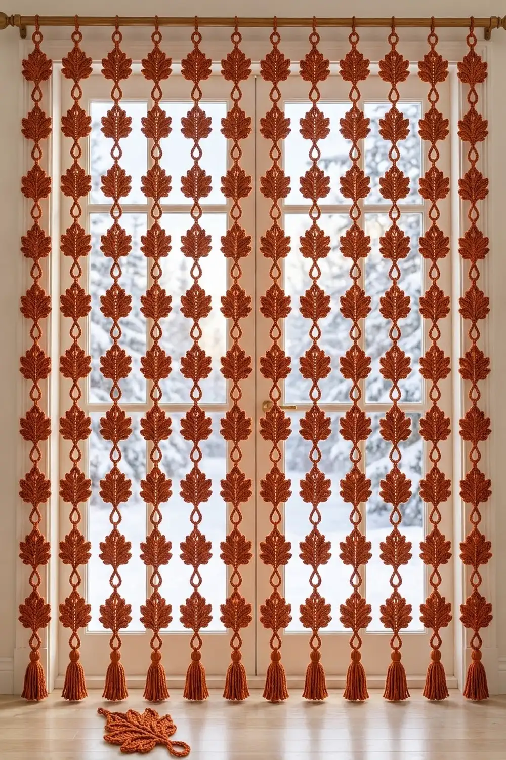Rust-colored macramé leaf curtains with tassels frame a window in a neutral room.