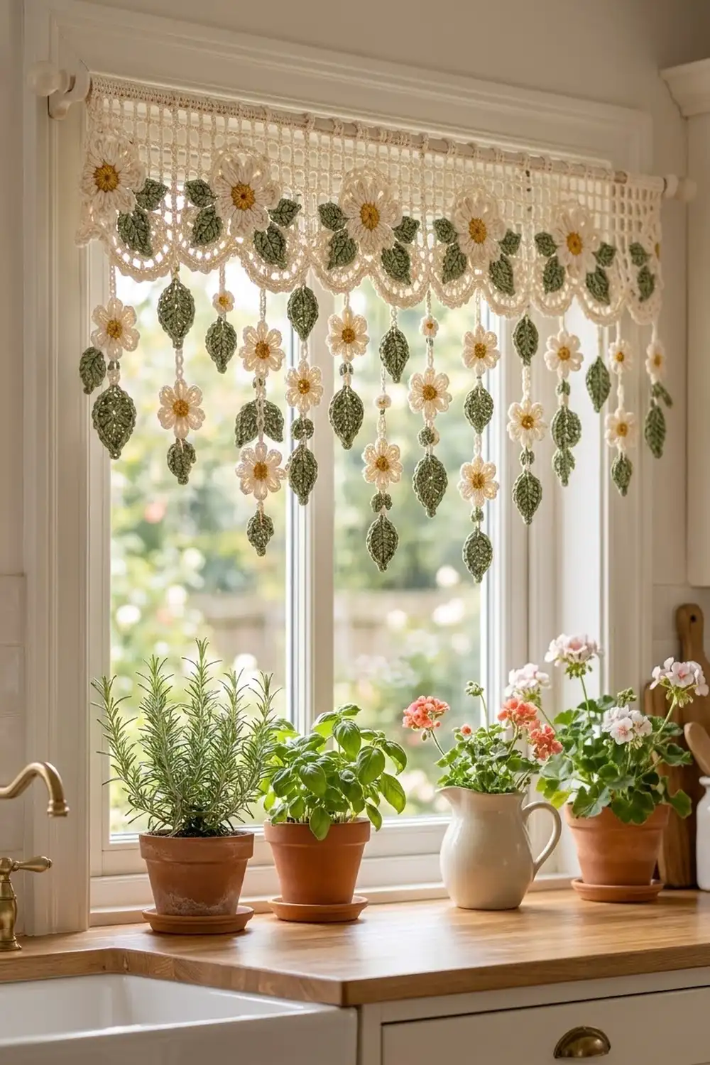 A crocheted window valance with cream daisies and green leaves hangs above a kitchen sink with potted herbs and flowers.