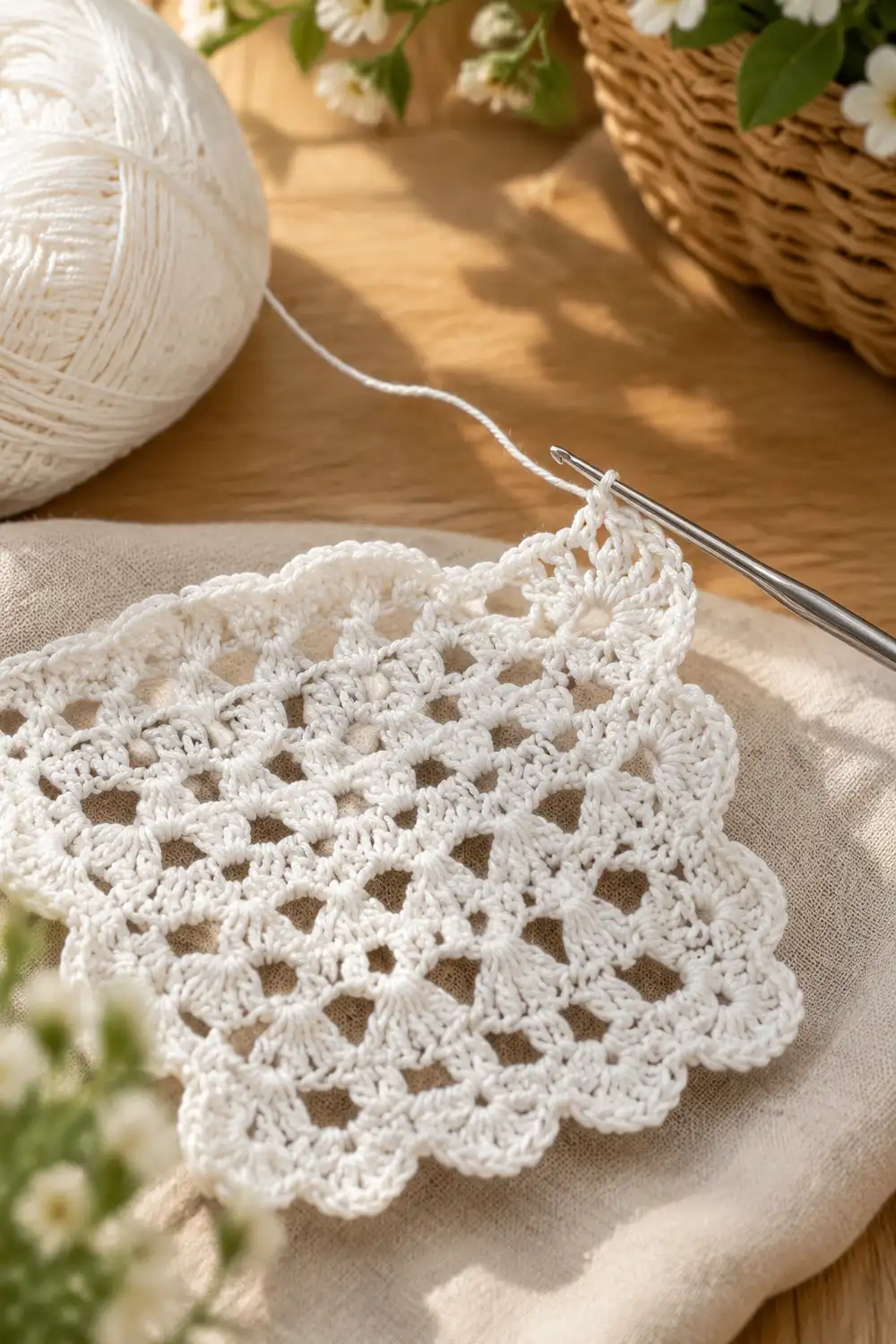A delicate white crocheted lace doily with an intricate openwork pattern rests on beige fabric near yarn and flowers.