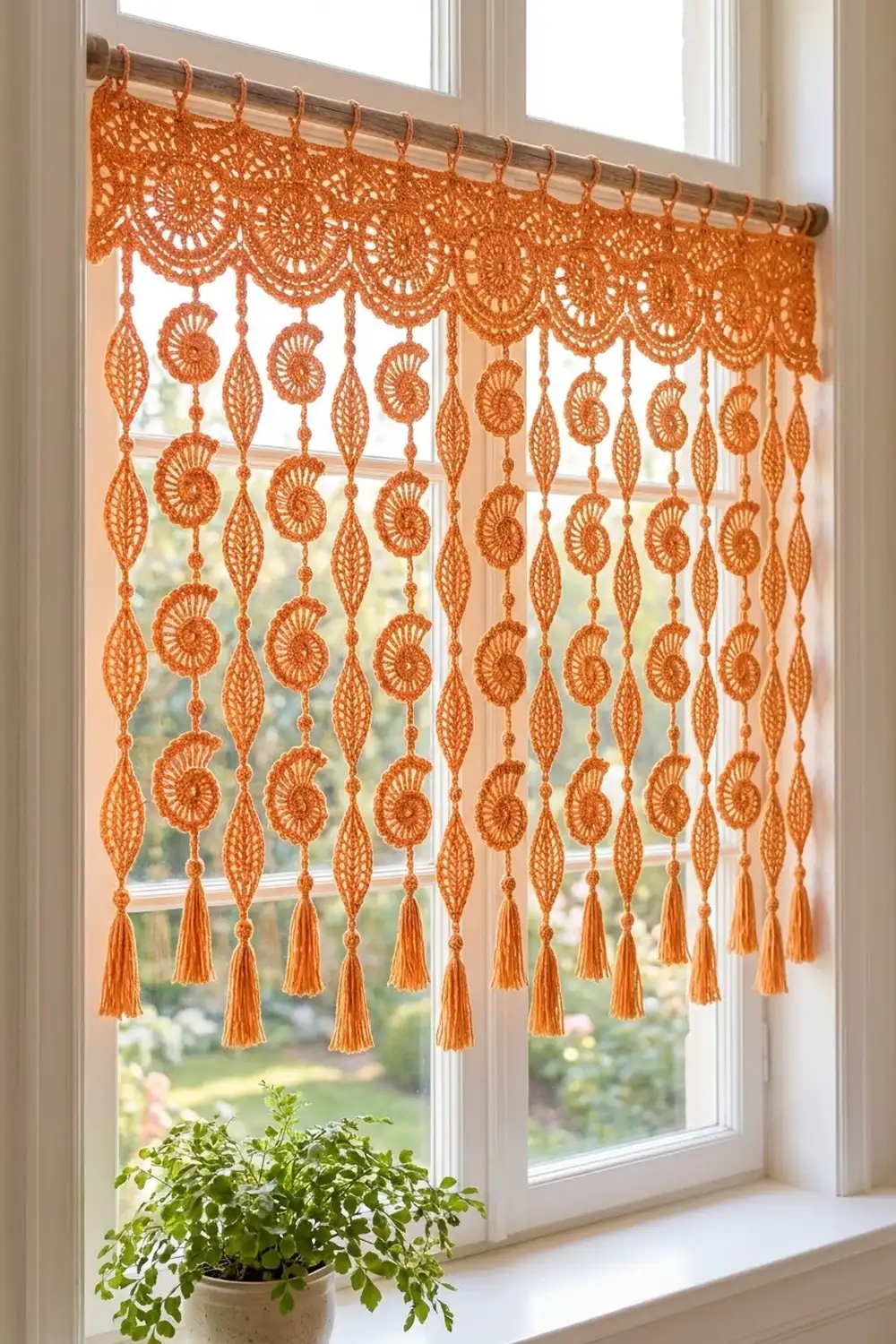 An orange crocheted lace curtain with dangling medallions and tassels hangs in a bright window above a potted plant.