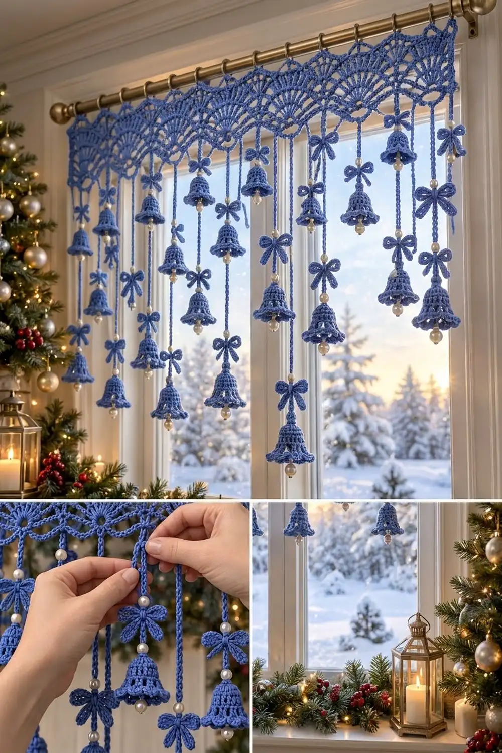 Blue crocheted bell and bow window curtain with pearl beads hanging in front of snowy winter landscape.