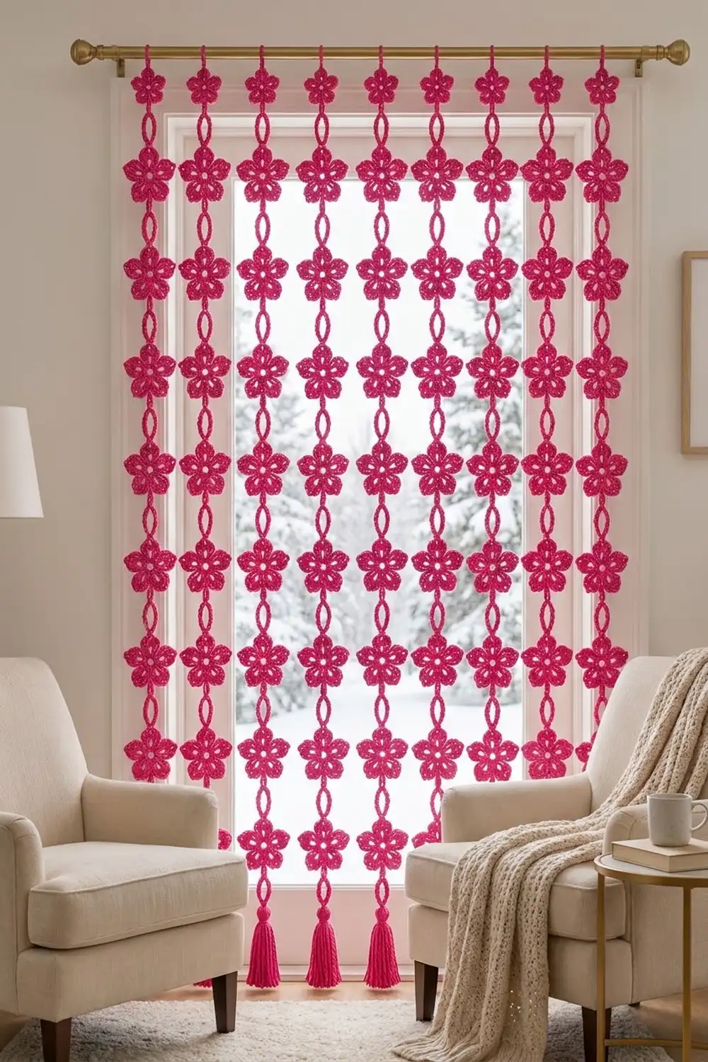 A pink macramé flower curtain panel hangs on a brass rod above a window, flanking cream upholstered chairs.