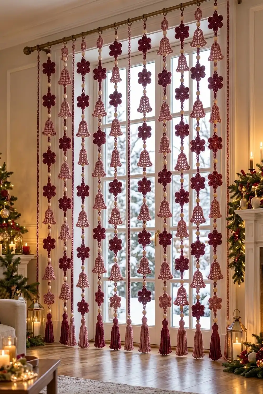 Burgundy crocheted flower and bell ornaments hang from a brass rod across a sunlit window with holiday decorations.