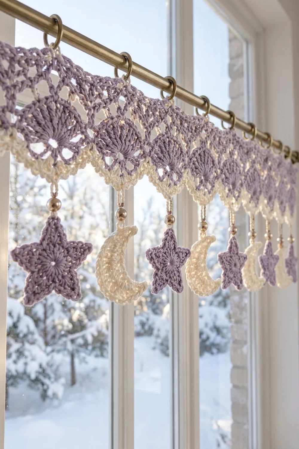 A crocheted lace valance in purple and cream hangs from a brass rod on a snowy winter window.