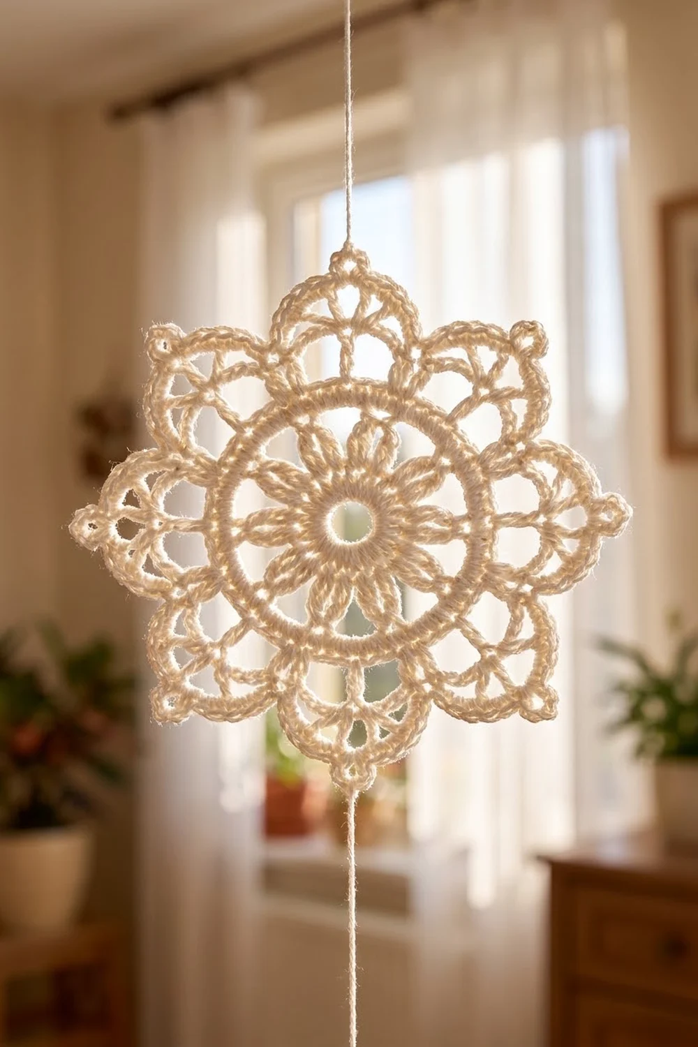 A beige crocheted snowflake ornament hangs by a string in front of a bright window in a sunlit home interior.