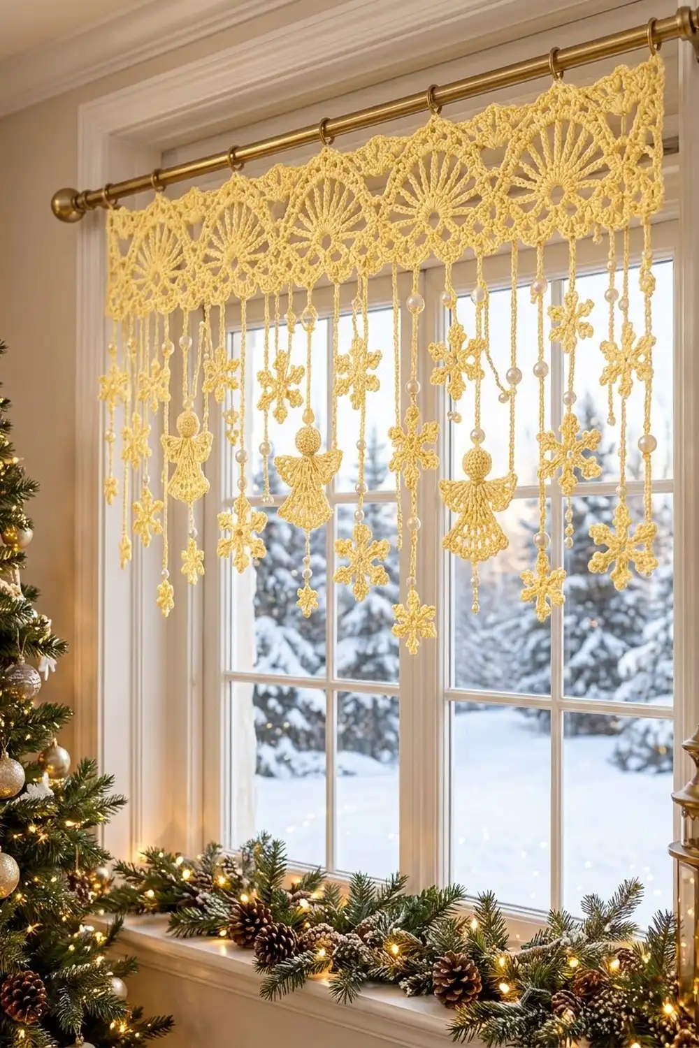 A gold crocheted lace valance with hanging snowflakes and angels decorates a window overlooking snowy trees.