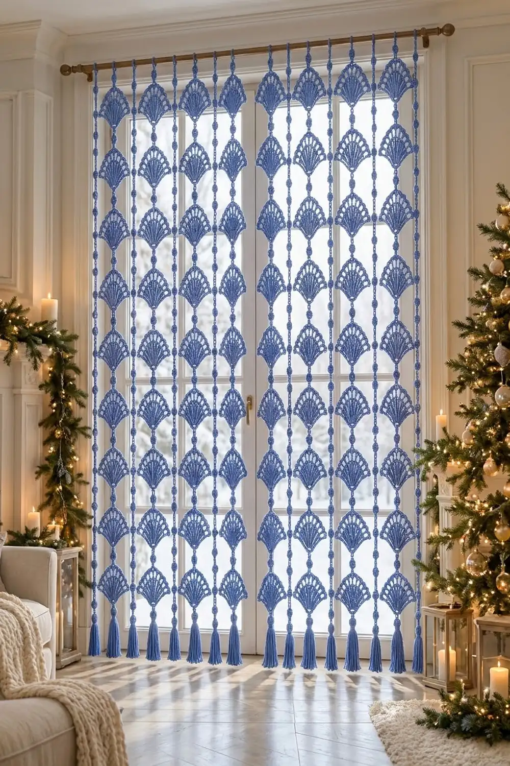 Blue and white patterned curtains with tassels hang in a festive room decorated with garland and candles.