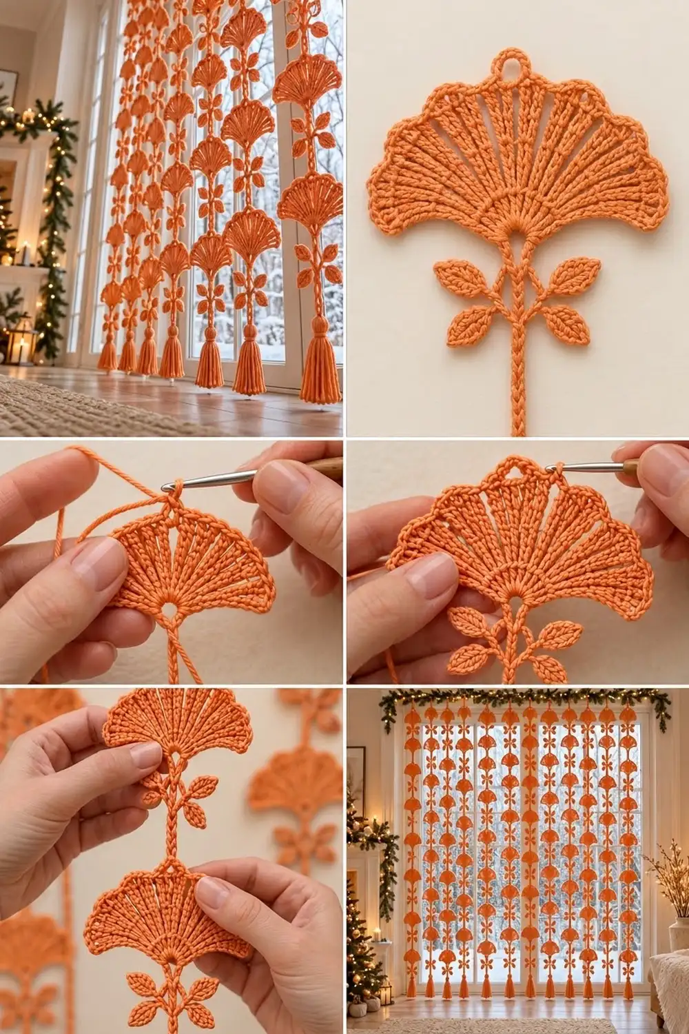 Orange crocheted ginkgo leaf curtain panel displayed in a holiday-decorated entryway with garland and festive styling.
