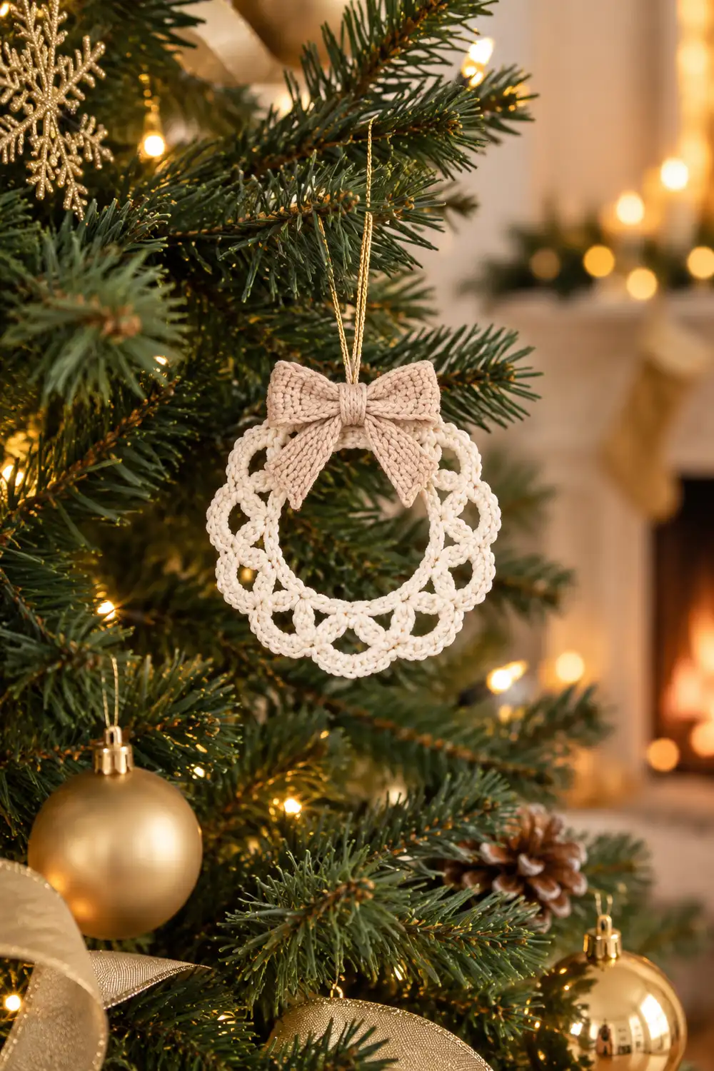 A cream crochet wreath ornament with bow hangs on a Christmas tree among gold baubles and lights.