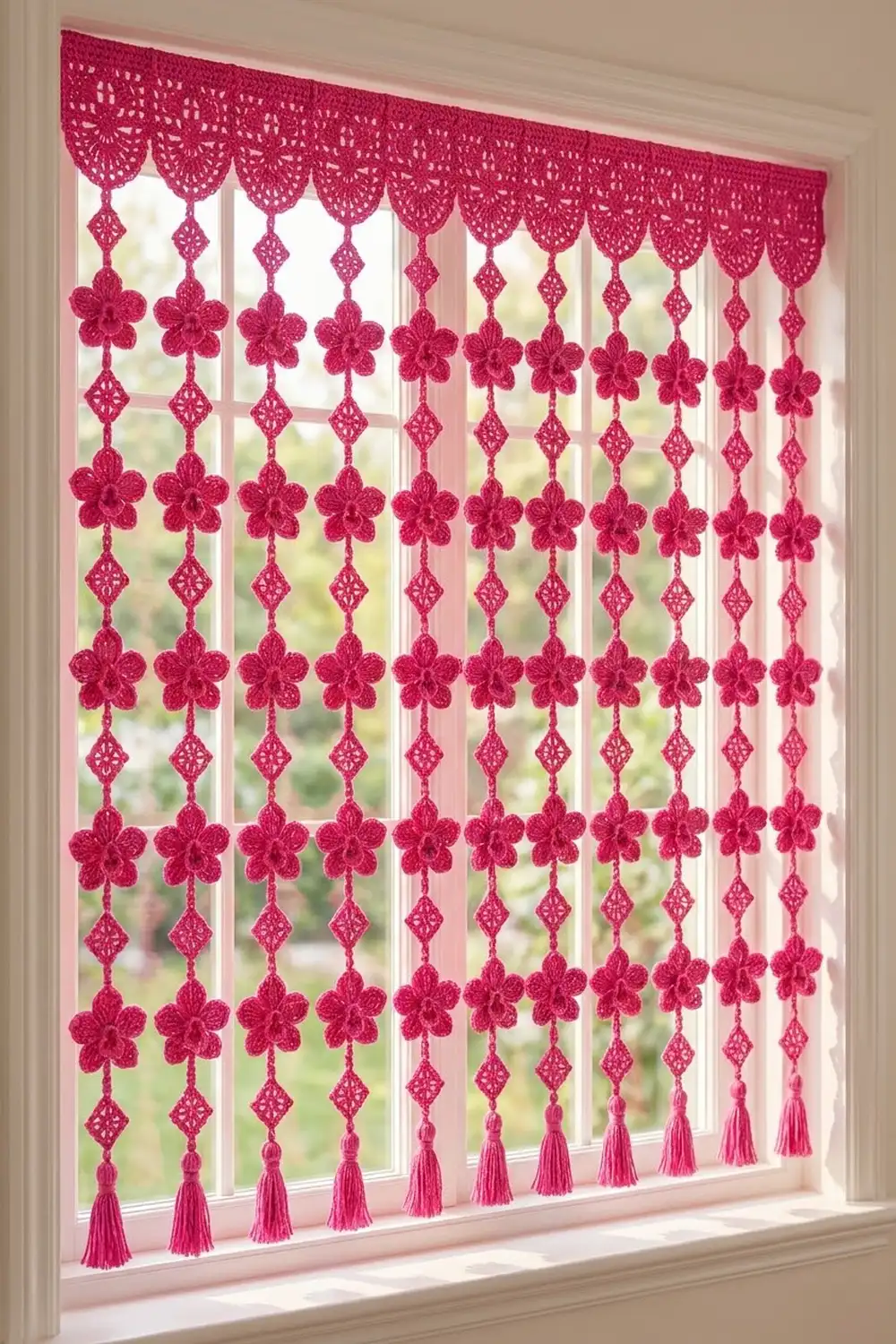 A magenta crochet lace curtain with flower and diamond motifs hangs in a bright window with tasseled ends.