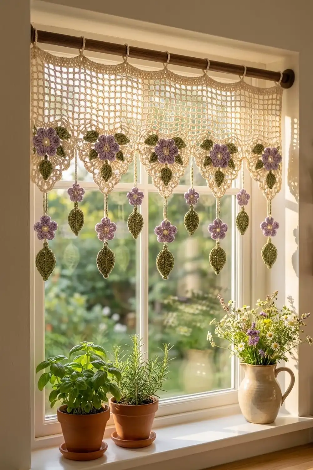 A crocheted window valance with purple flowers and green leaves hangs above potted herbs on a sunlit windowsill.
