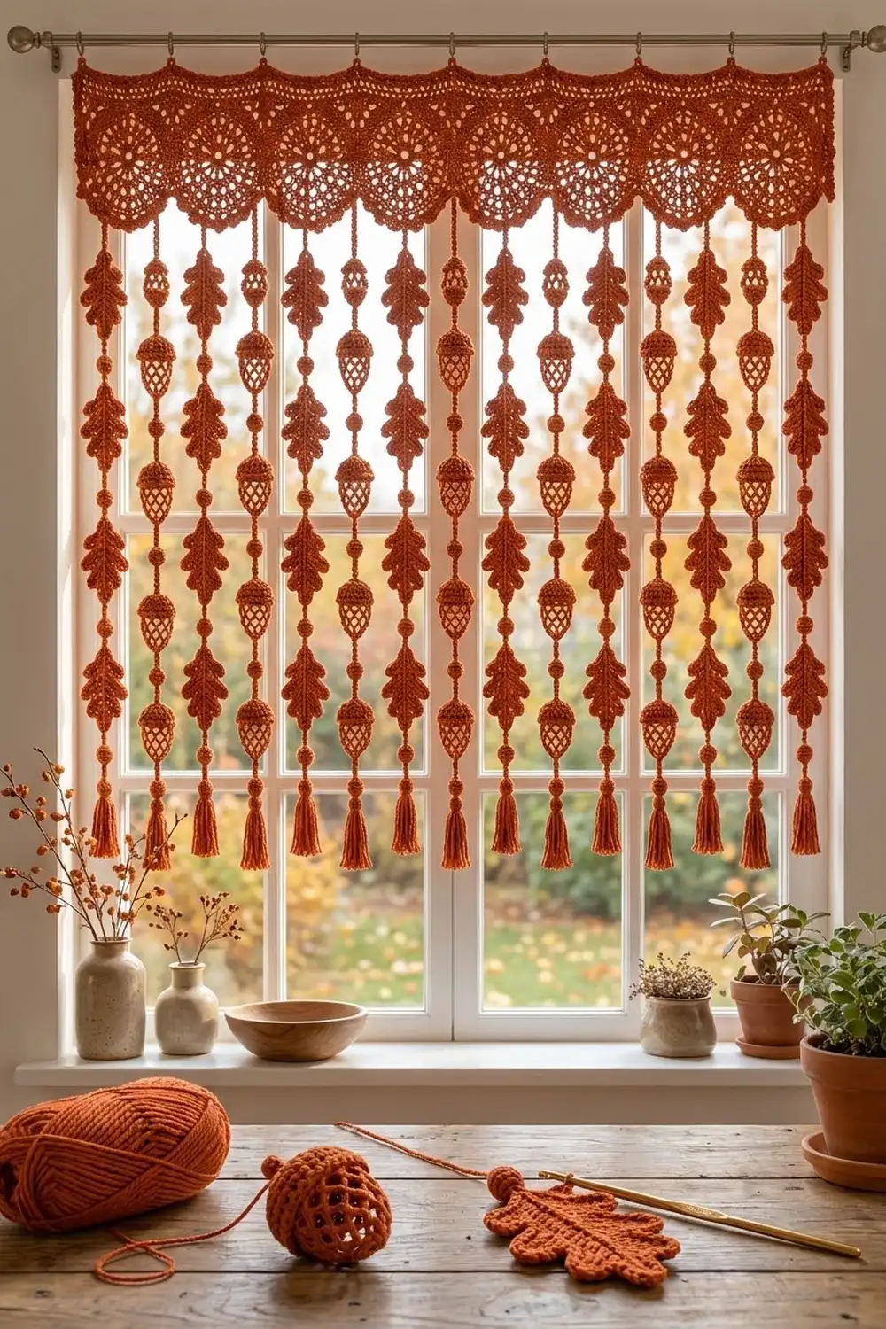 A rust-colored crocheted window curtain with oak leaf and acorn motifs hangs above a windowsill with potted plants and yarn.
